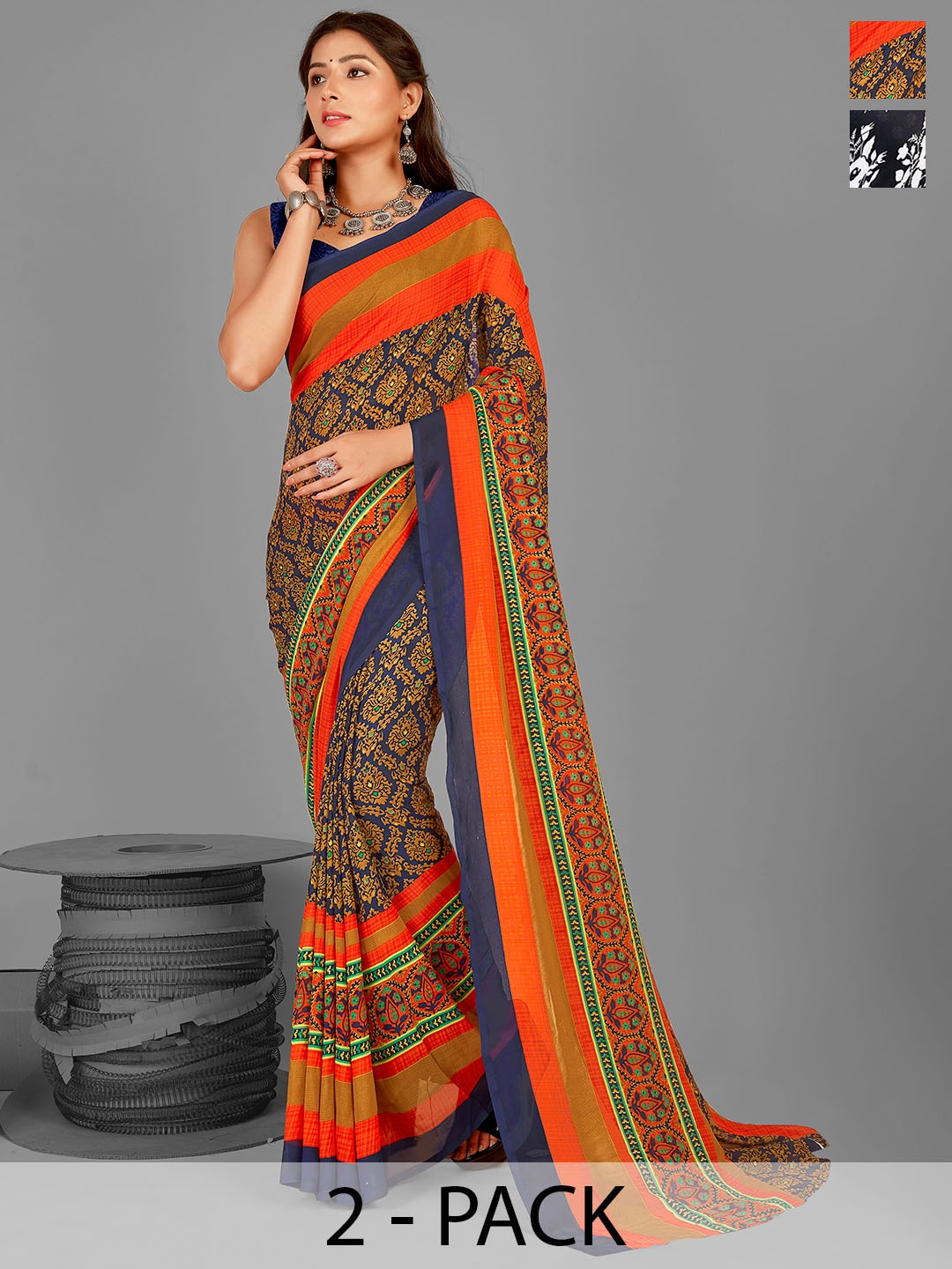 ANAND SAREES Floral Saree Pack of 2, Blue