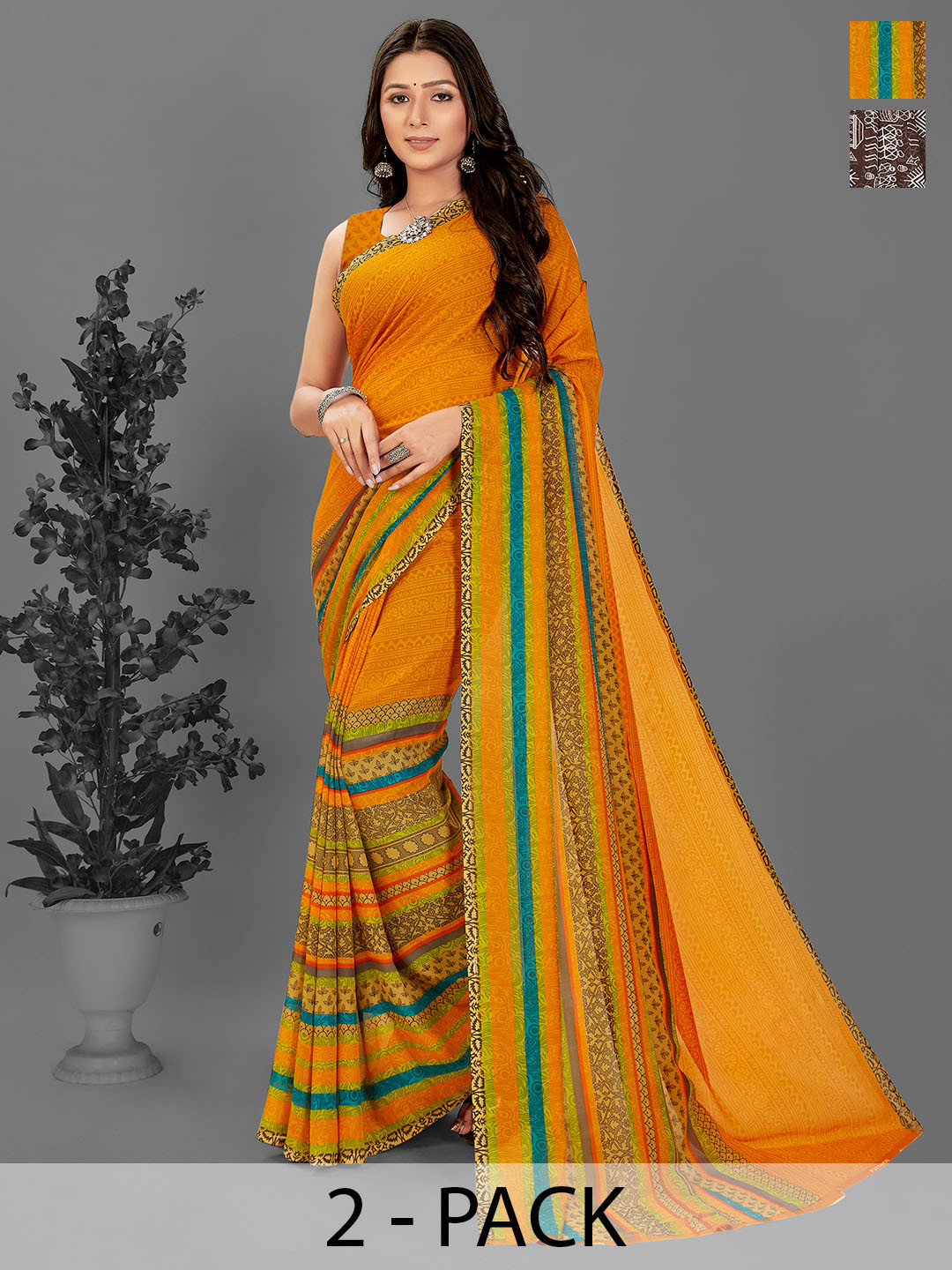 

ANAND SAREES Selection of 2 Printed Saree, Coffee brown