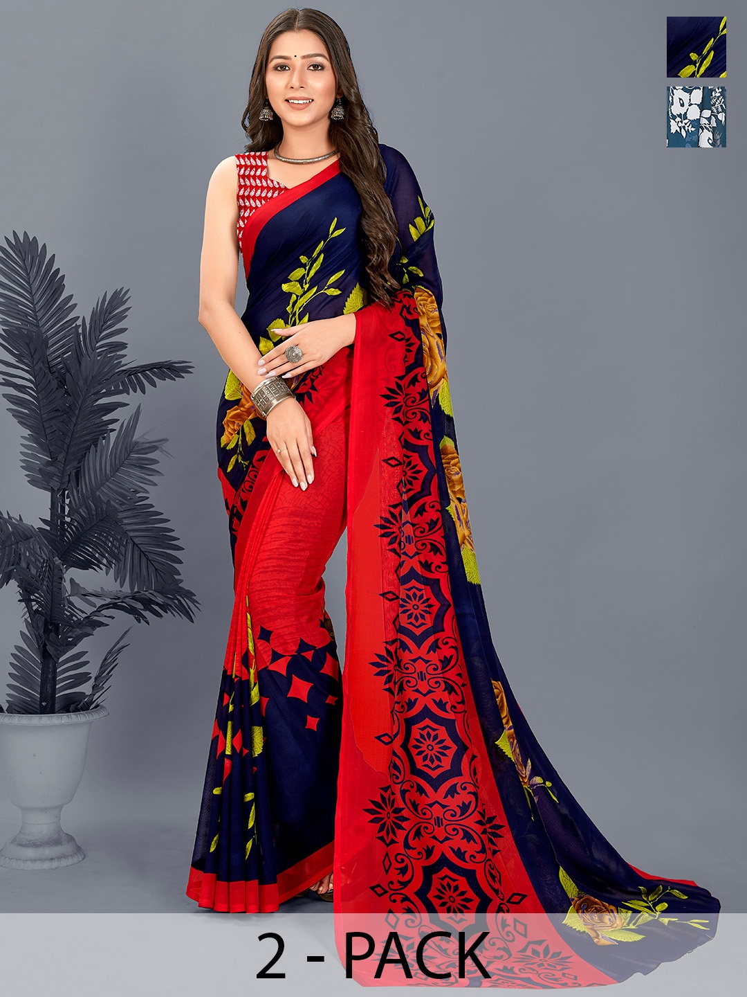 ANAND SAREES Floral Half and Half Saree Pack of 2, Red