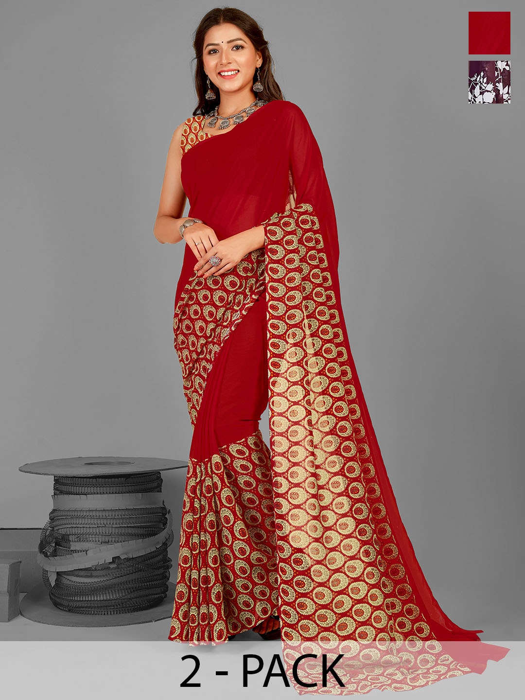 ANAND SAREES Floral Saree Pack of 2, Red