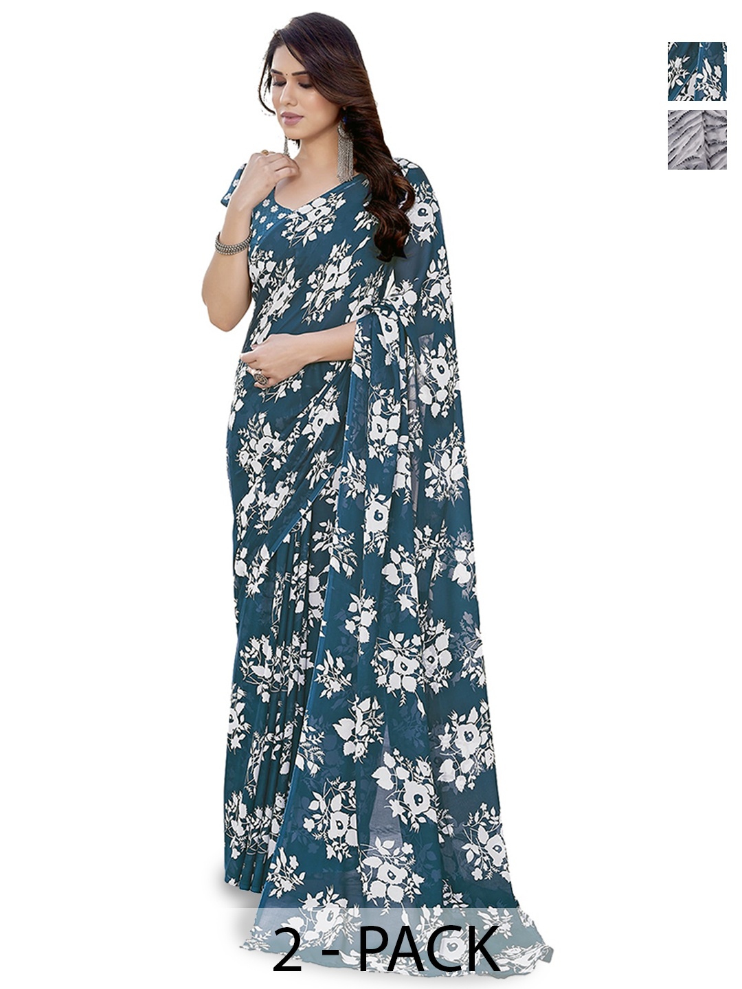 

ANAND SAREES Selection Of 2 Floral Printed Saree, Grey