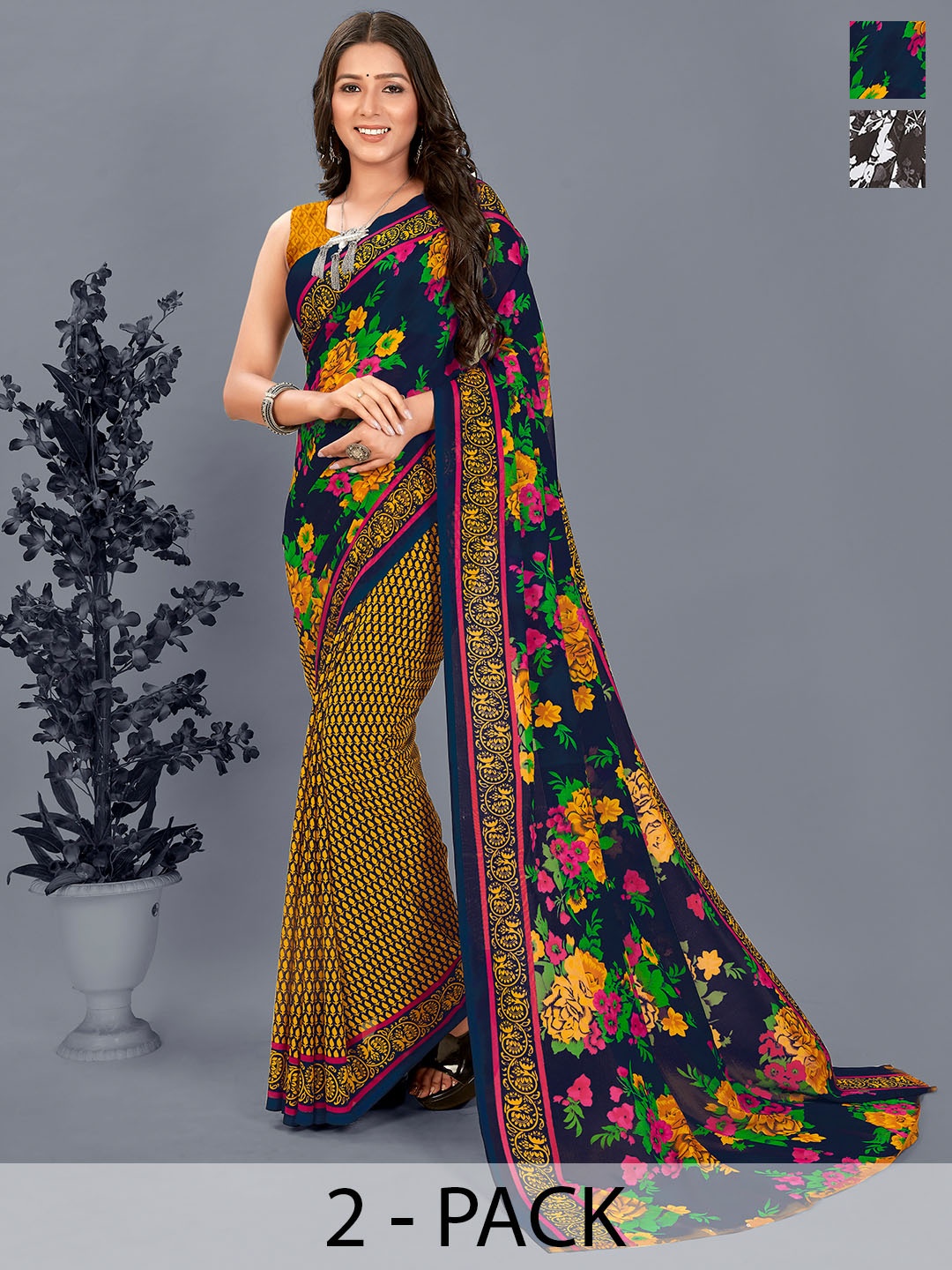 

ANAND SAREES Floral Pack of 2 Saree, Brown