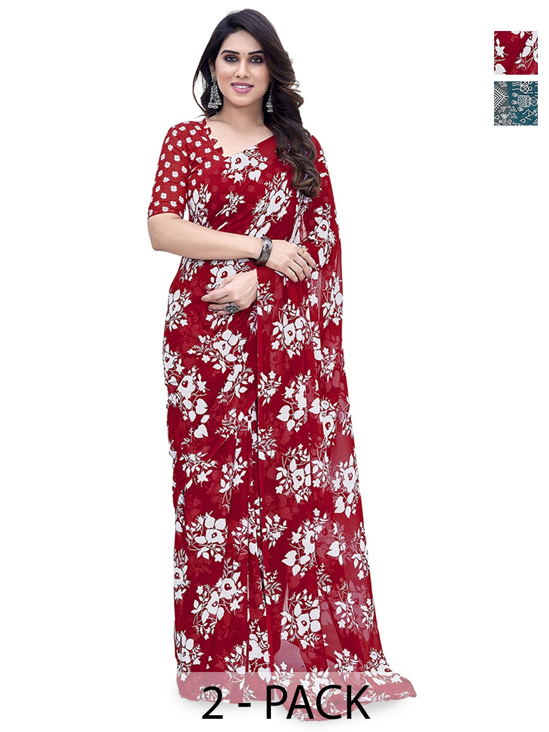 

ANAND SAREES Selection Of 2 Floral Printed Saree, Red