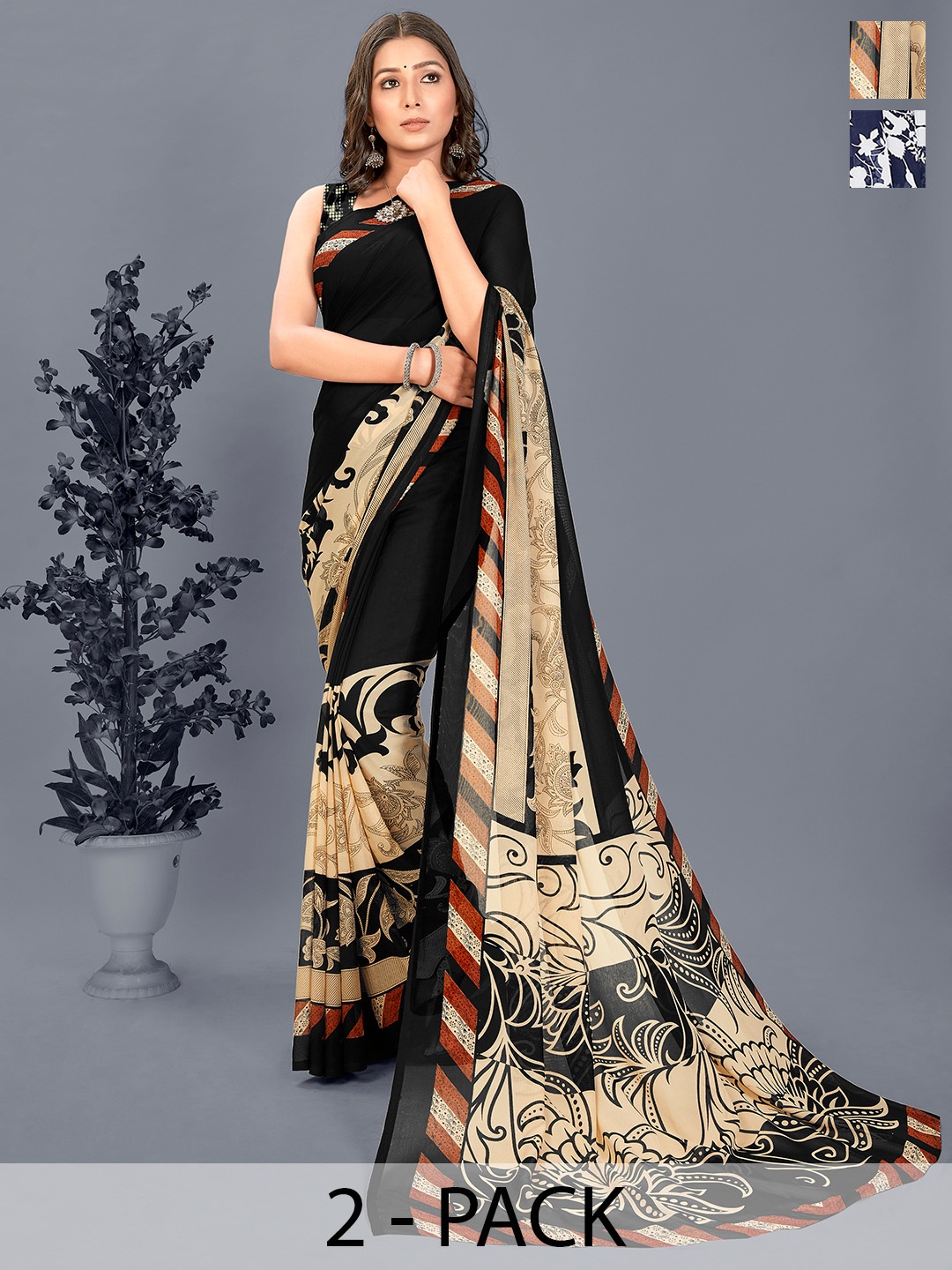 

ANAND SAREES Floral Saree Pack of 2, Black
