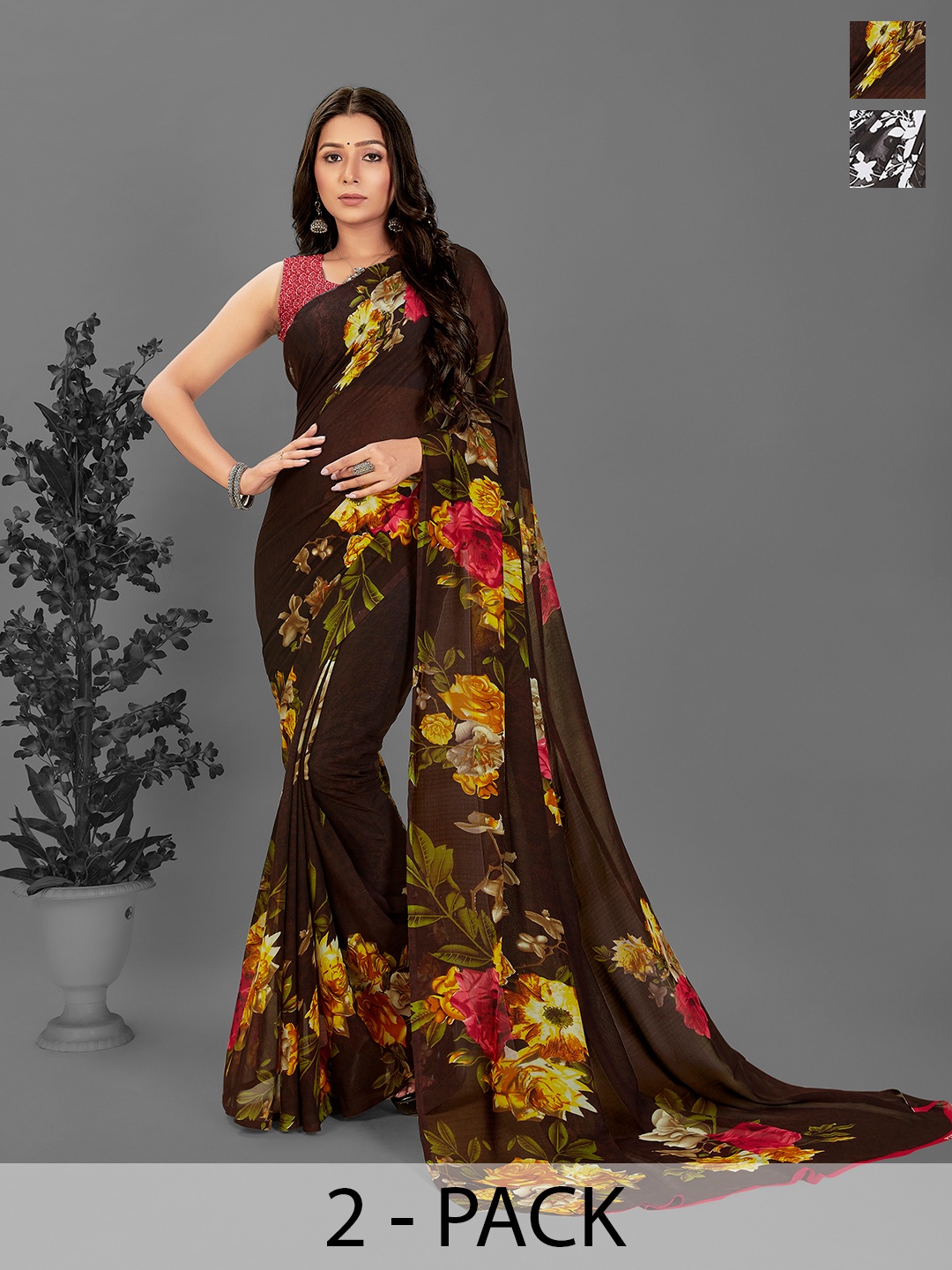 

ANAND SAREES Floral Poly Georgette Saree, Brown