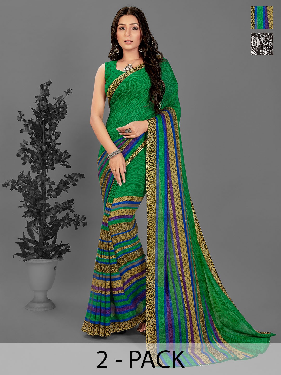 

ANAND SAREES Selection of 2 Printed Saree, Black