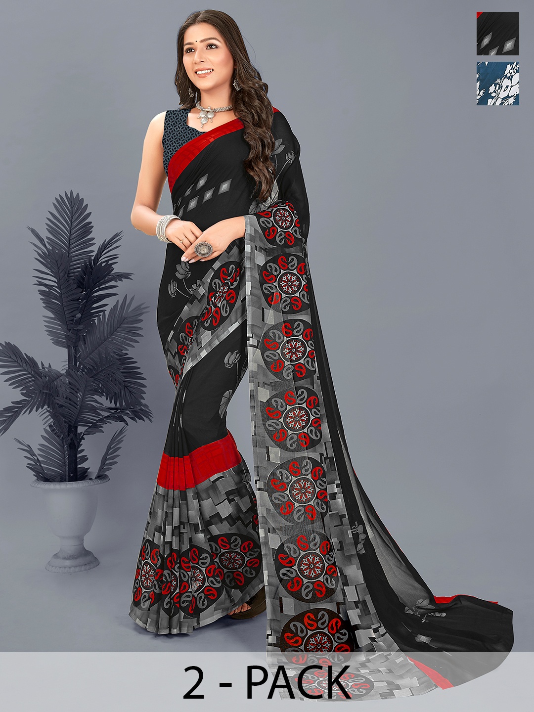 ANAND SAREES Printed Pack of 2 Saree, Black