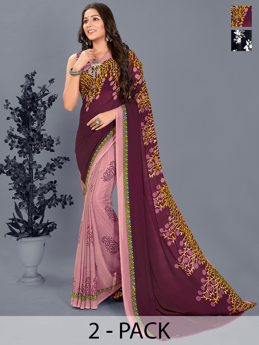 ANAND SAREES Floral Saree Pack of 2, Black