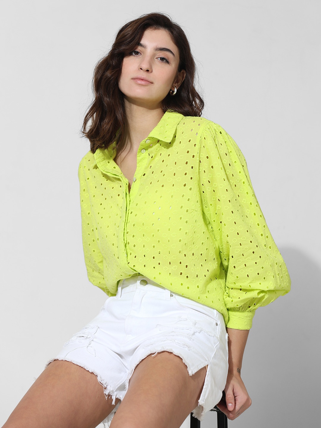 

ONLY Self Design Schiffli Spread Collar Pure Cotton Casual Shirt, Lime green