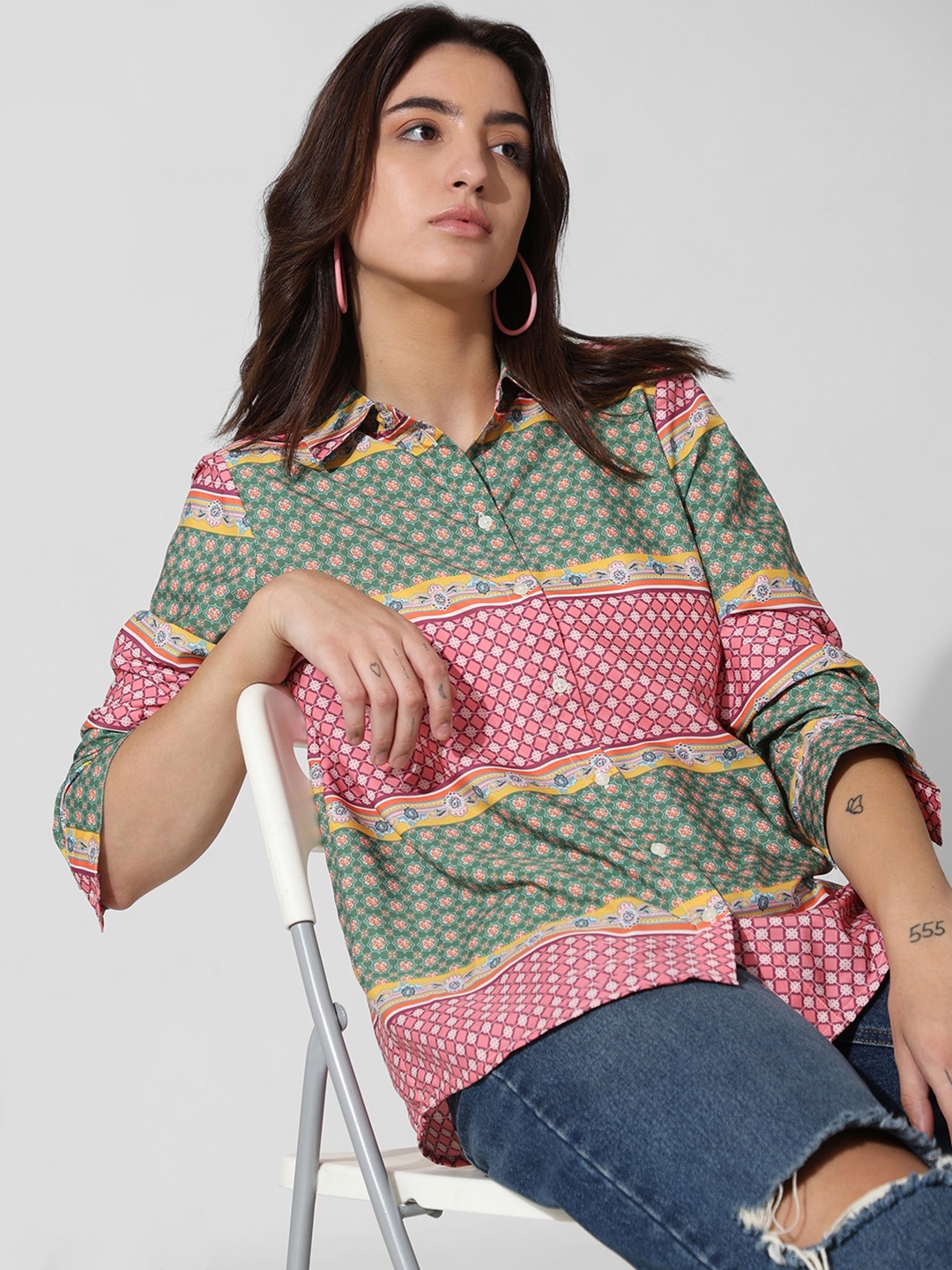 

ONLY Ethnic Motifs Printed Spread Collar Casual Shirt, Green