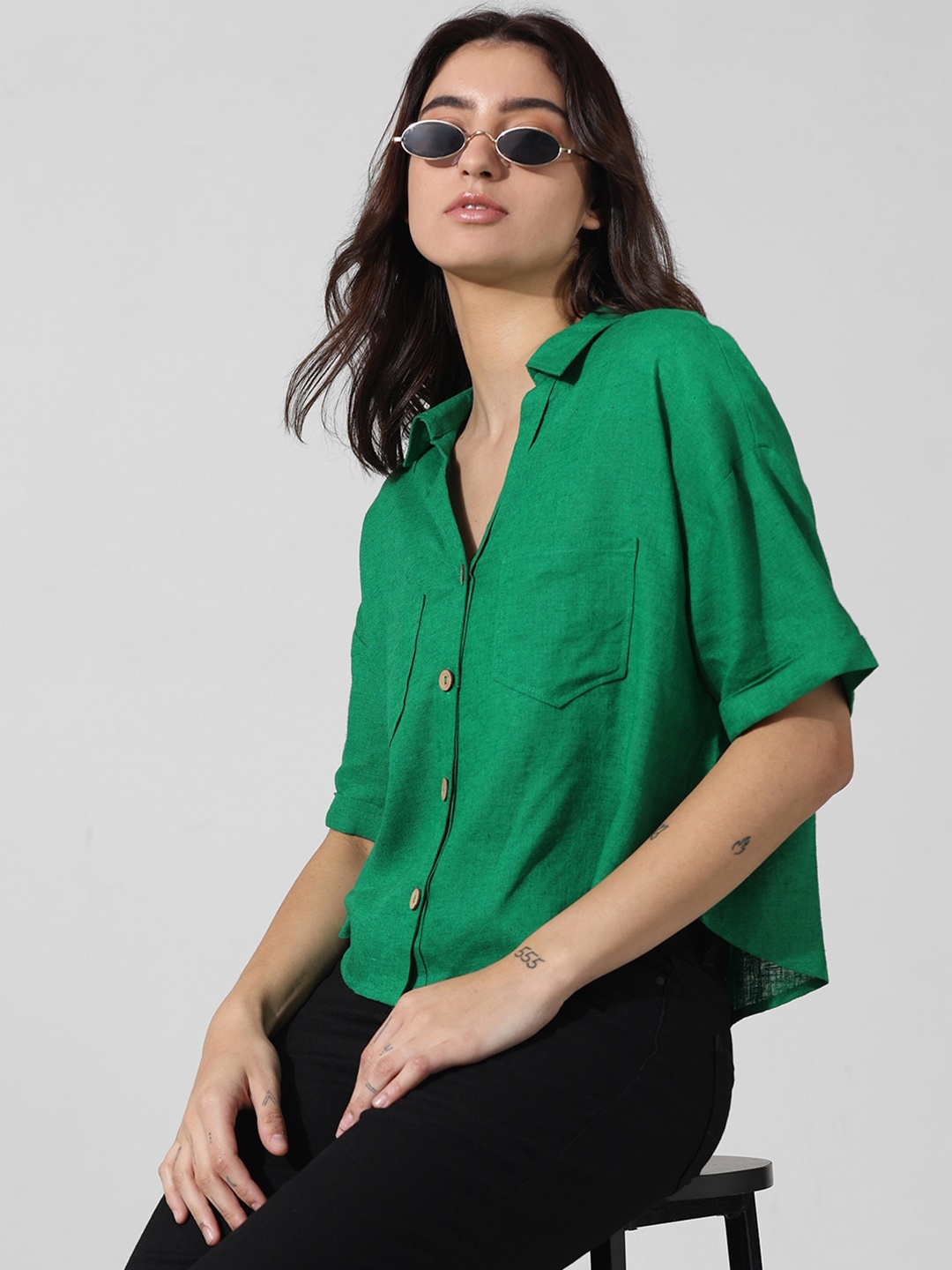 

ONLY Spread Collar Drop-Shoulder Sleeves Casual Shirt, Green