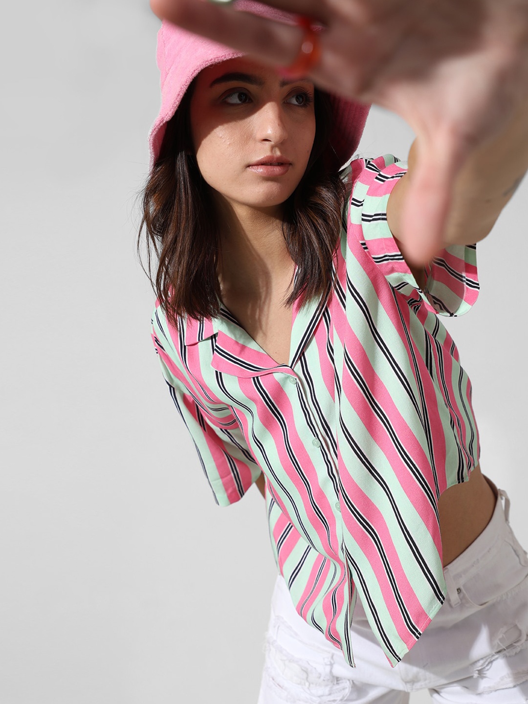 

ONLY Vertical Striped Cuban Collar Casual Shirt, Pink