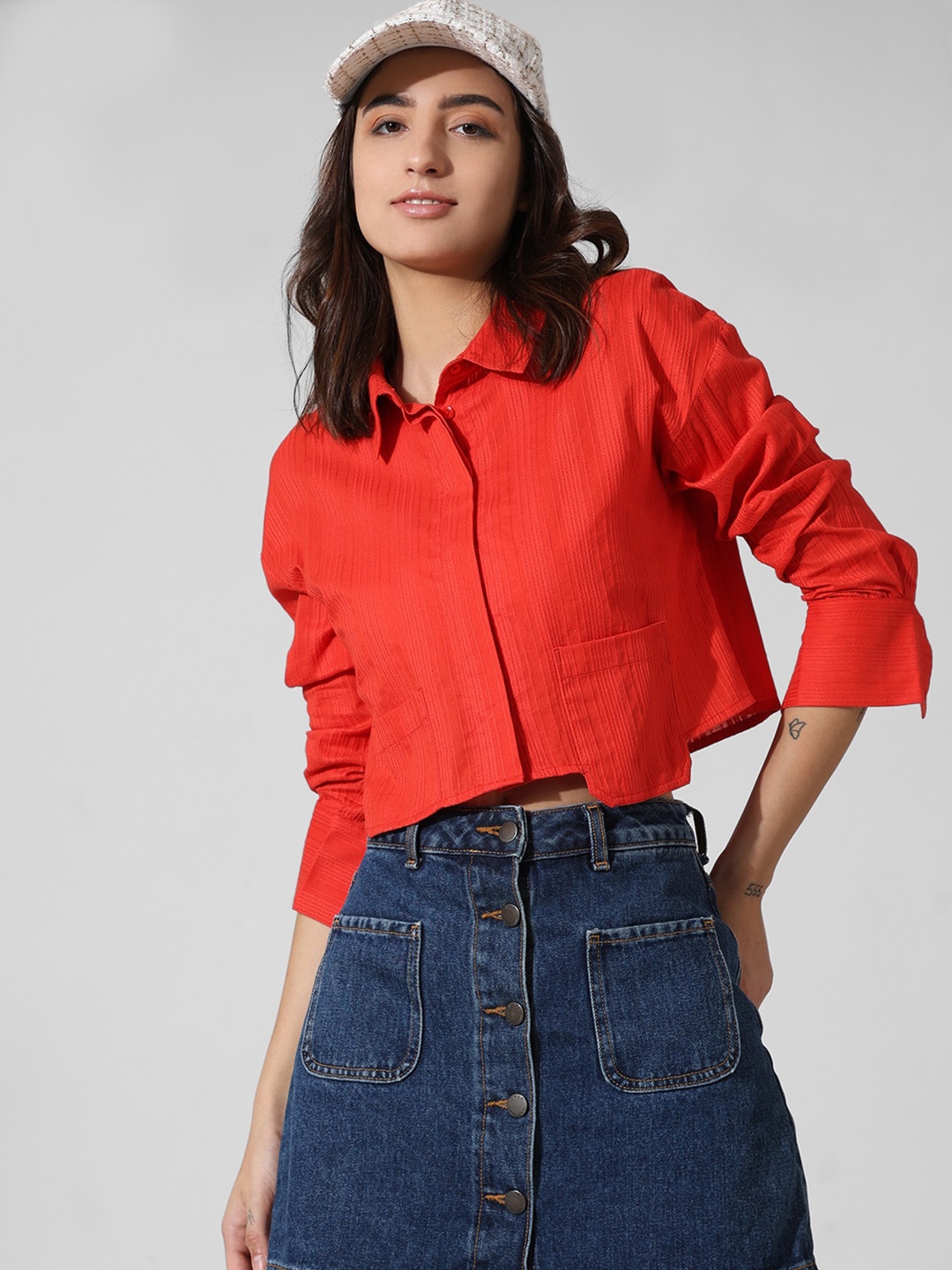 

ONLY Self Design Spread Collar Crop Pure Cotton Casual Shirt, Red