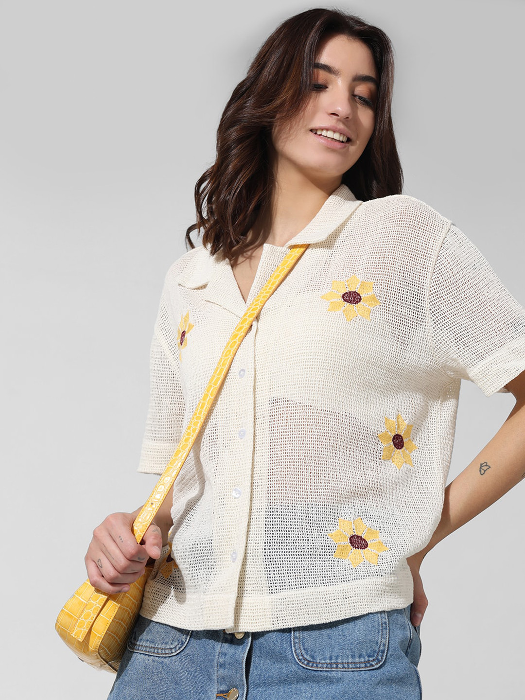 

ONLY Self Design Semi Sheer Spread Collar Pure Cotton Casual Shirt, Cream