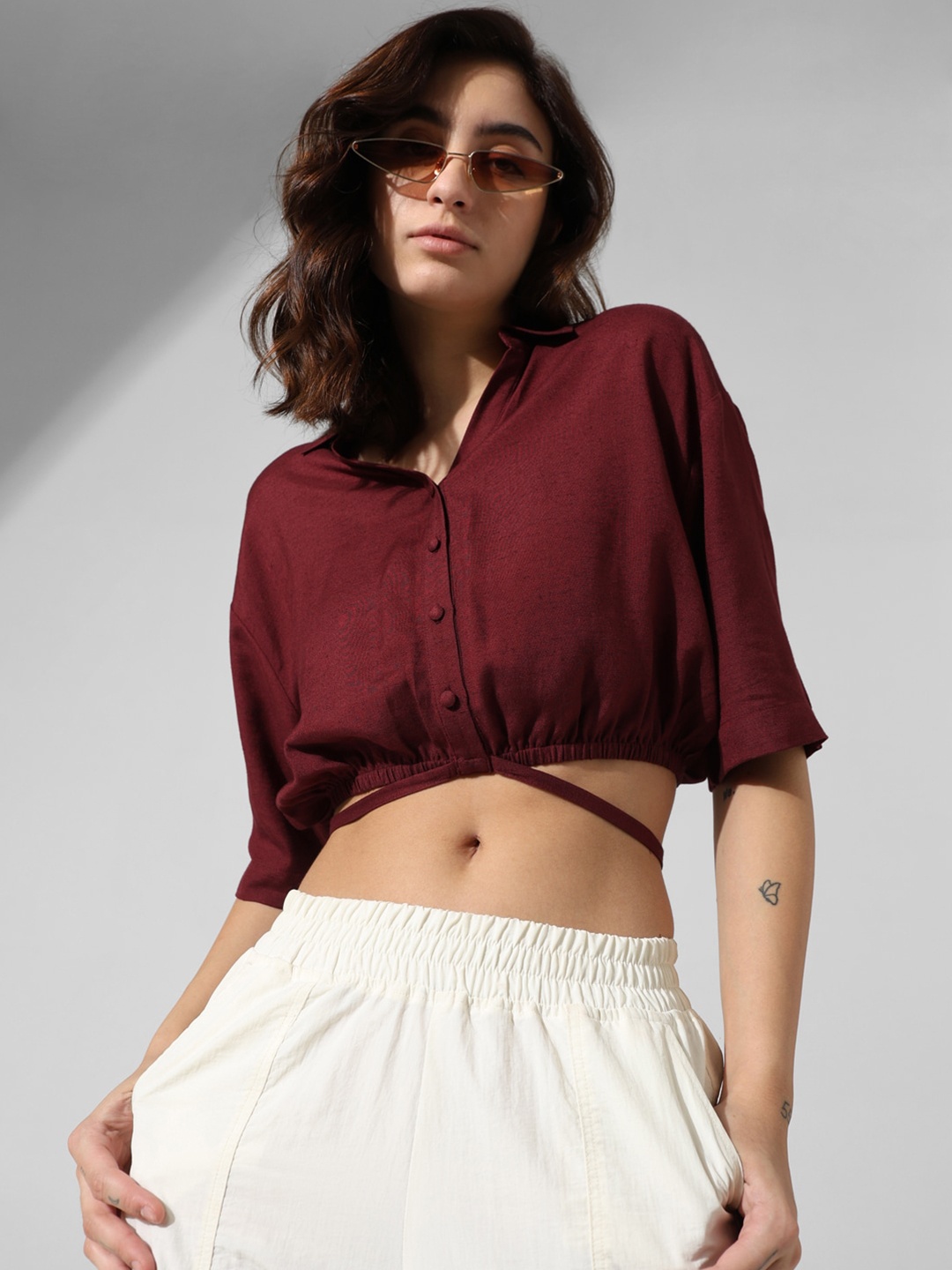 

ONLY Spread Collar Casual Crop Shirt, Maroon