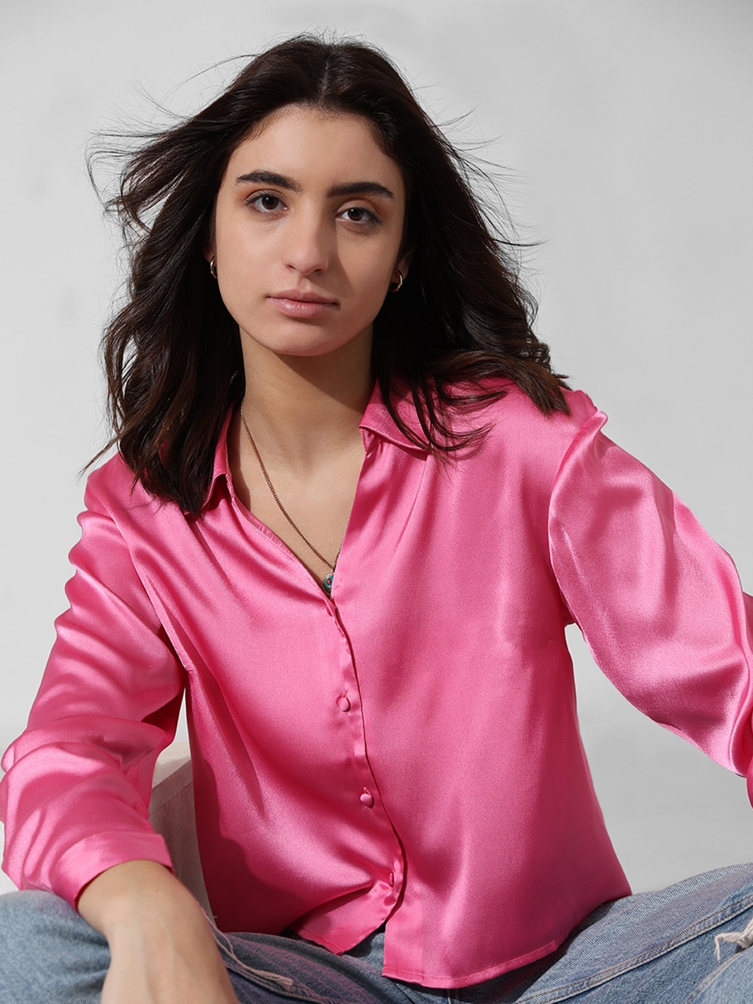 

ONLY Spread Collar Crop Casual Shirt, Pink