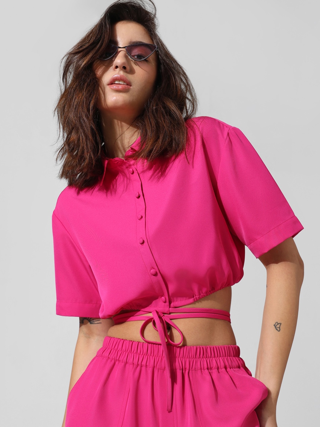 

ONLY Spread Collar Crop Linen Extended Sleeves Casual Shirt Style Tops, Pink