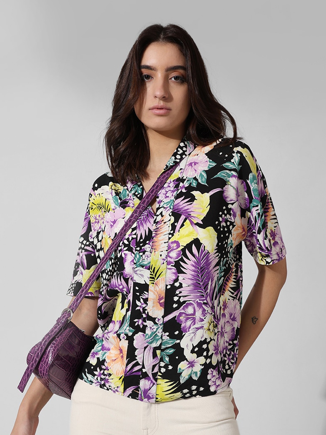 

ONLY Floral Printed Spread Collar Casual Shirt, Black