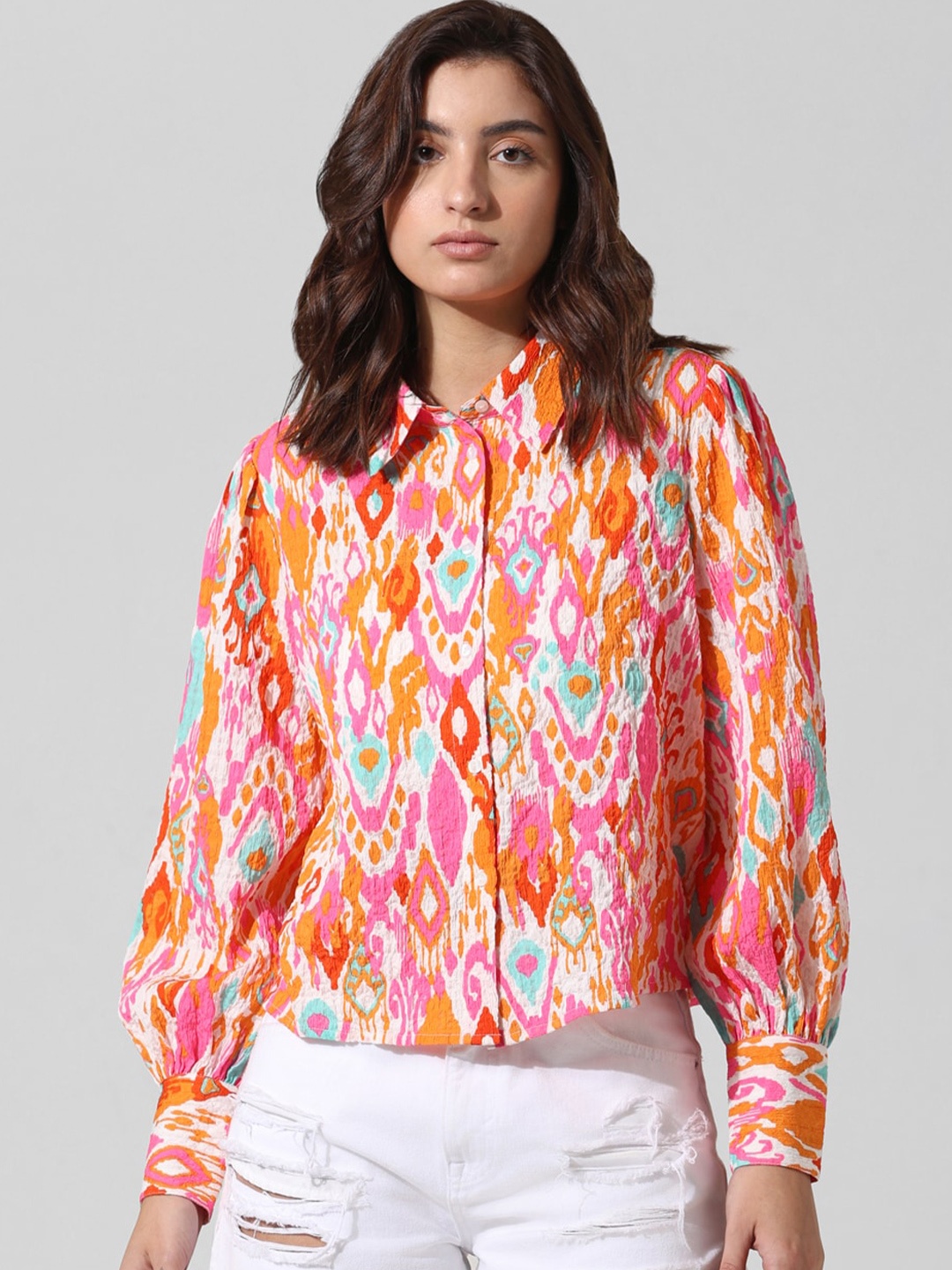 

ONLY Abstract Printed Spread Collar Casual Shirt, Orange