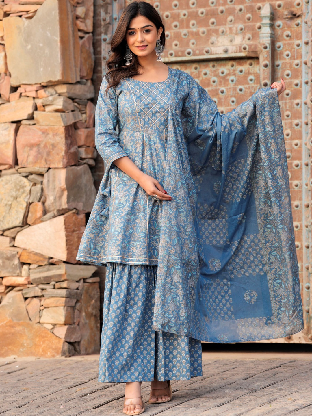 

Chandbaali Floral Printed Pure Cotton A-Line Kurta With Sharara & Dupatta, Blue