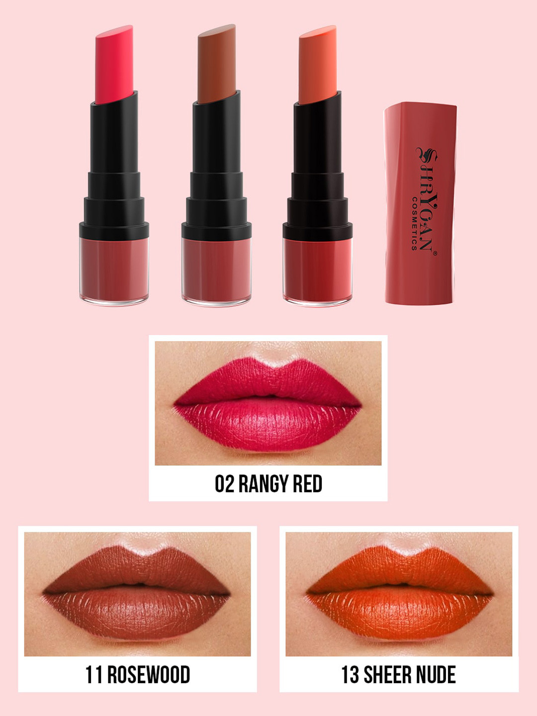 

SHRYOAN Cosmetics Set of 3 Long Lasting Velvet Matte Finish Lipstick, Red