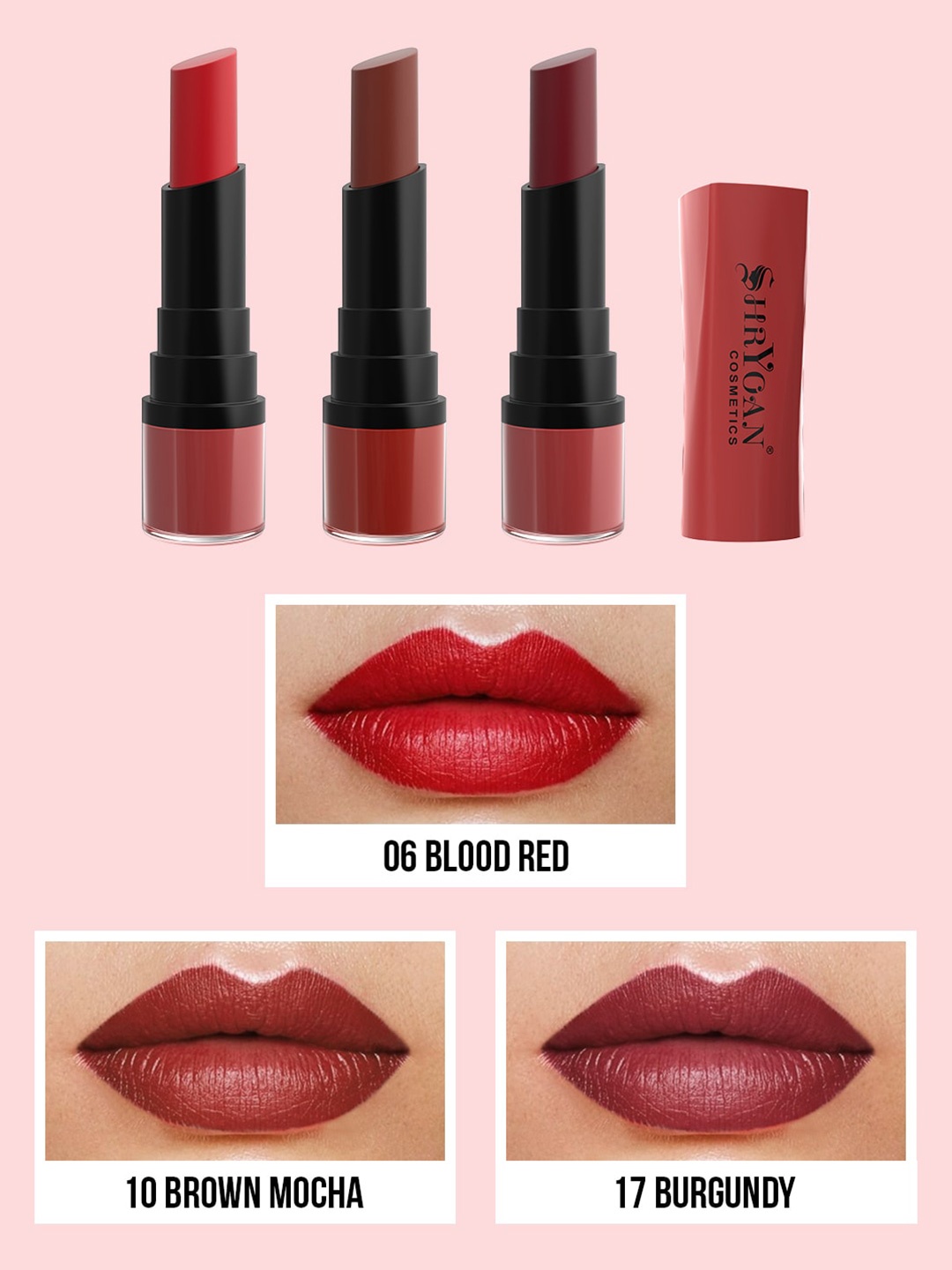

SHRYOAN Cosmetics Set of 3 Long Lasting Velvet Matte Finish Lipstick, Red