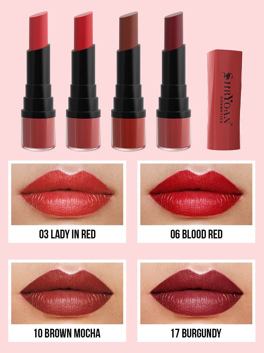 

SHRYOAN Cosmetics Set of 4 Long Lasting Velvet Matte Finish Lipstick, Red