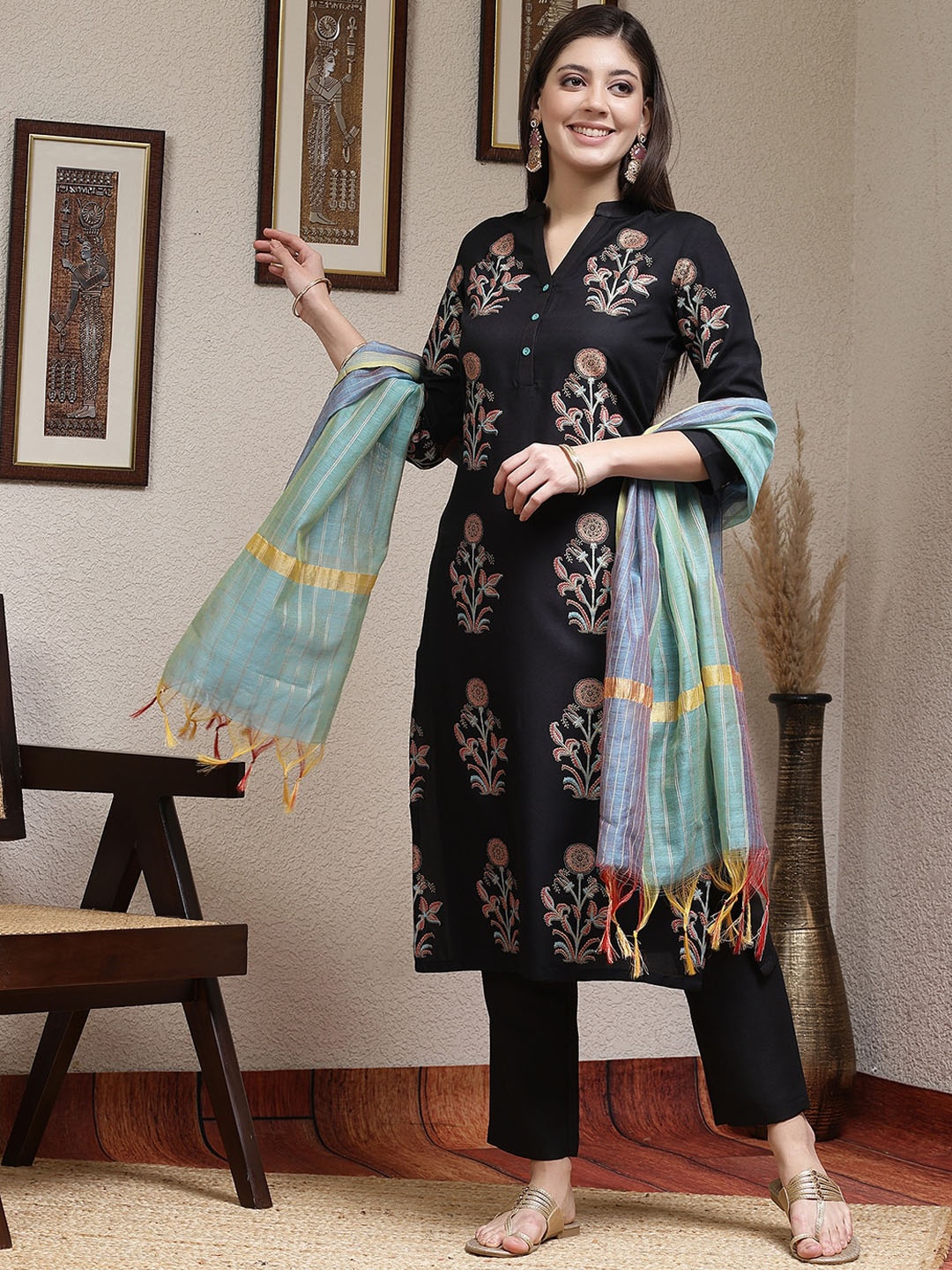 

KALINI Floral Printed Mandarin Collar Straight Kurta With Trousers & Dupatta, Black