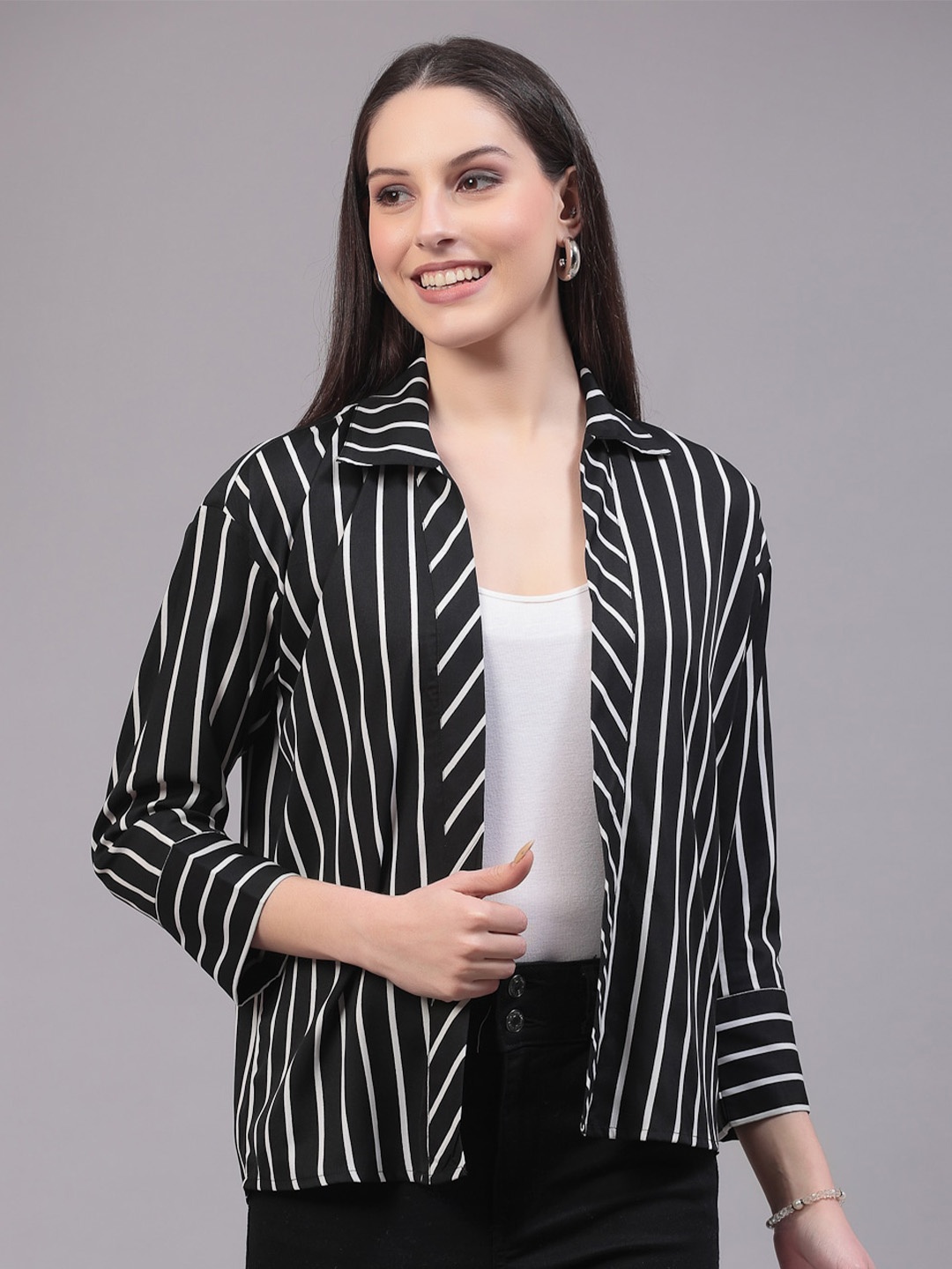 

Style Quotient Striped Open Front Shrug, Black