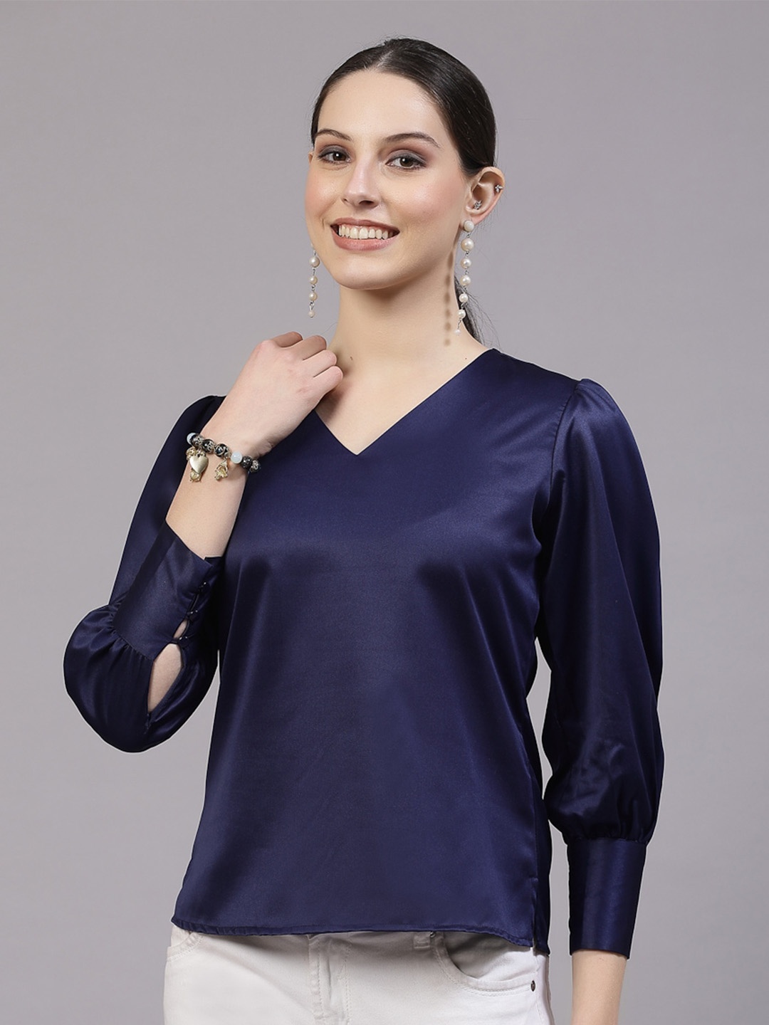 

Style Quotient V-Neck Cuffed Sleeves Satin Top, Navy blue