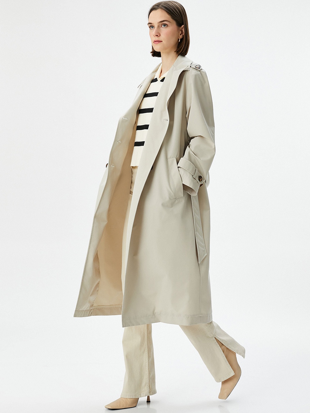 

Koton Notched Lapel Longline Double Breasted Trench Coat, Beige