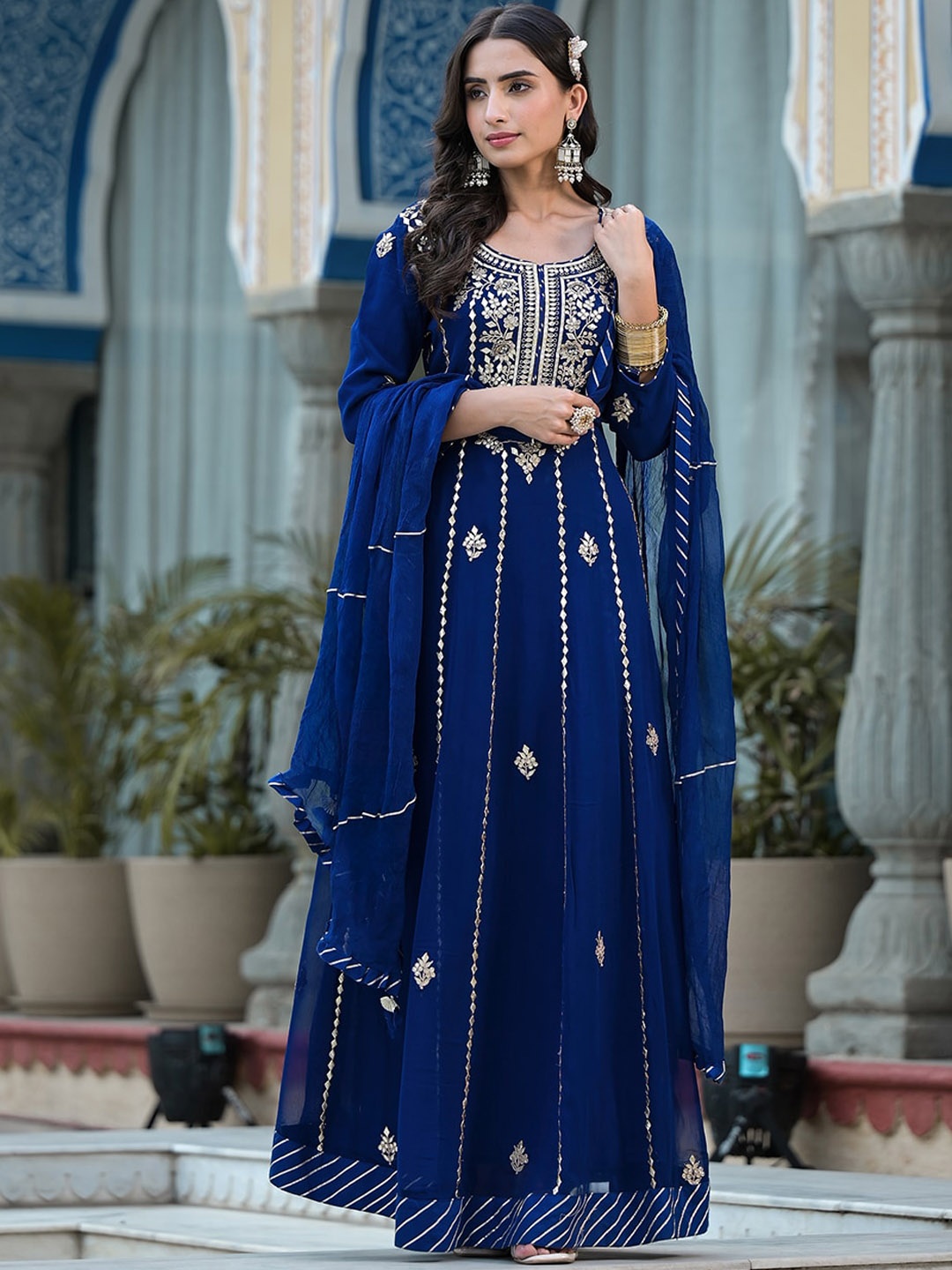 

Chandbaali Ethnic Motifs Embroidered Georgette Maxi Dress With Dupatta, Blue