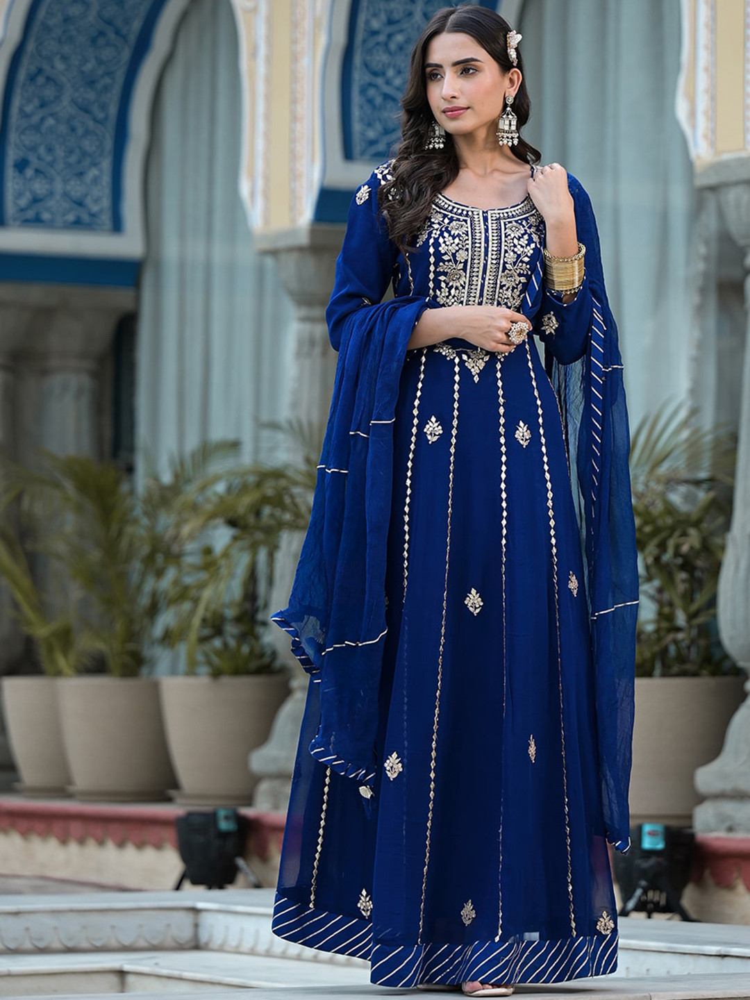 

Chandbaali Ethnic Motifs Embroidered Georgette Maxi Dress With Dupatta, Blue