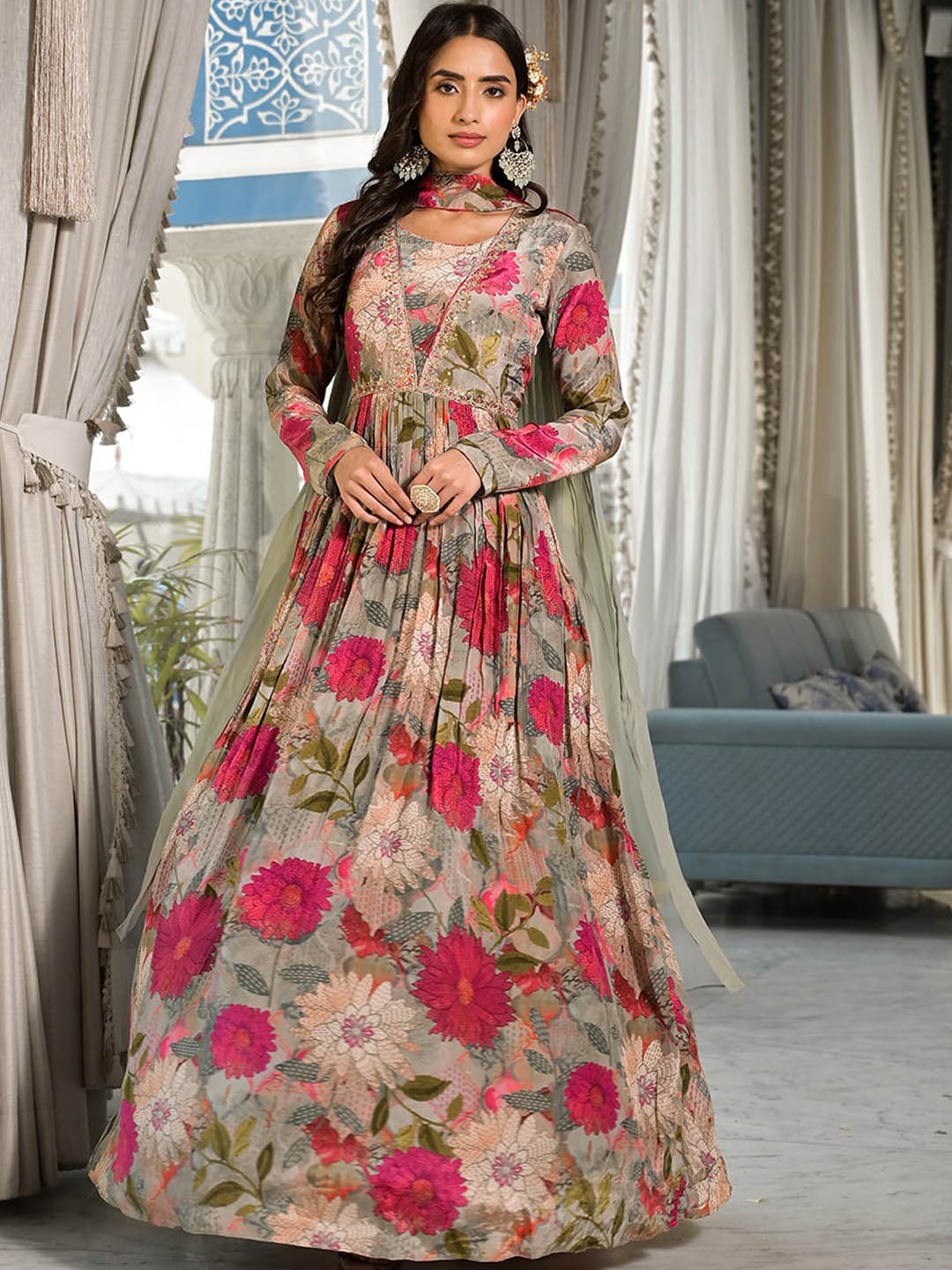 

Chandbaali Digital Printed Sequined Fit & Flared Ethnic Dresses With Dupatta, Pink
