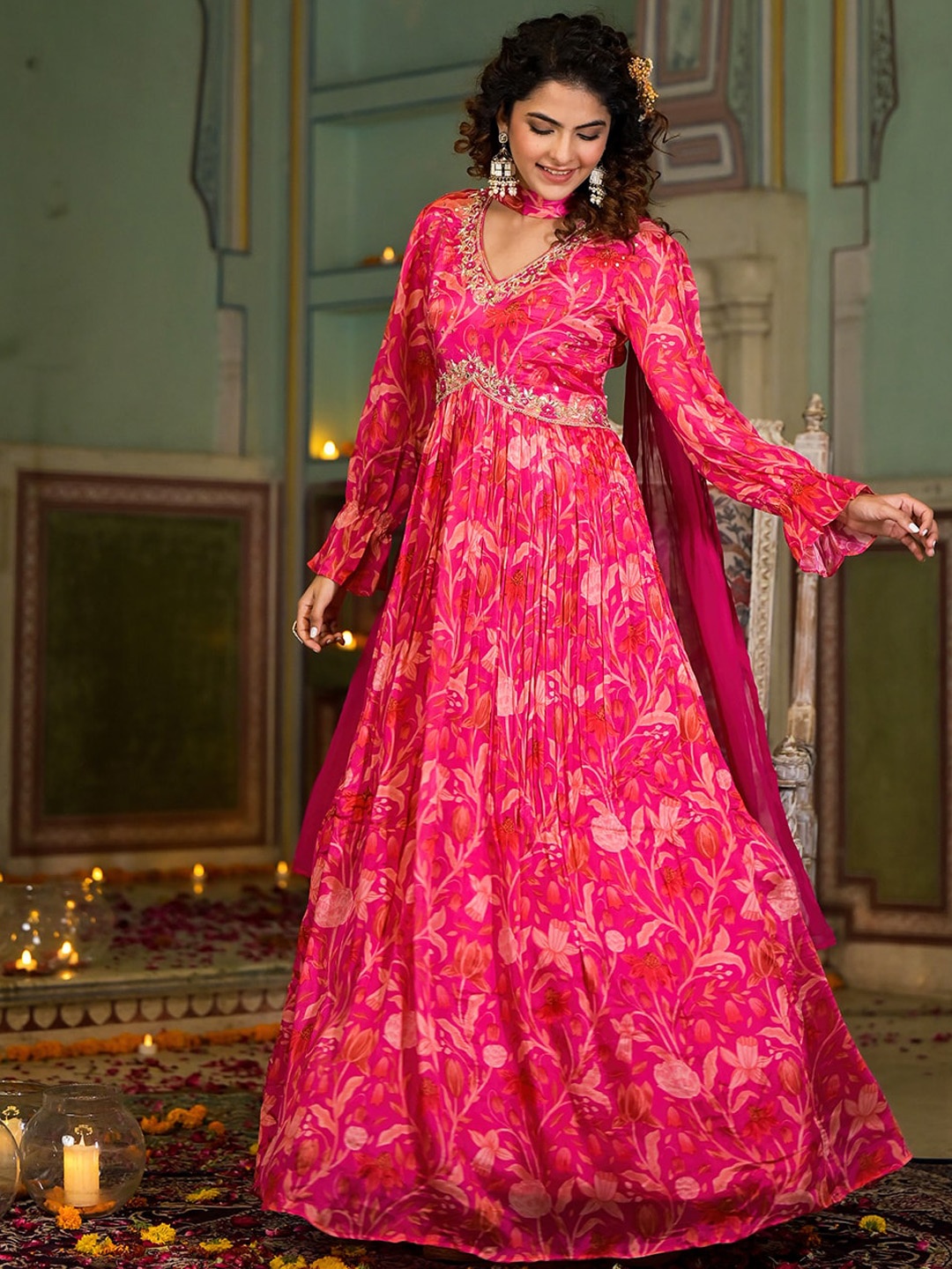 

Chandbaali Floral Printed V-Neck Embroidered Fit & Flare Ethnic Dress & Organza Dupatta, Pink