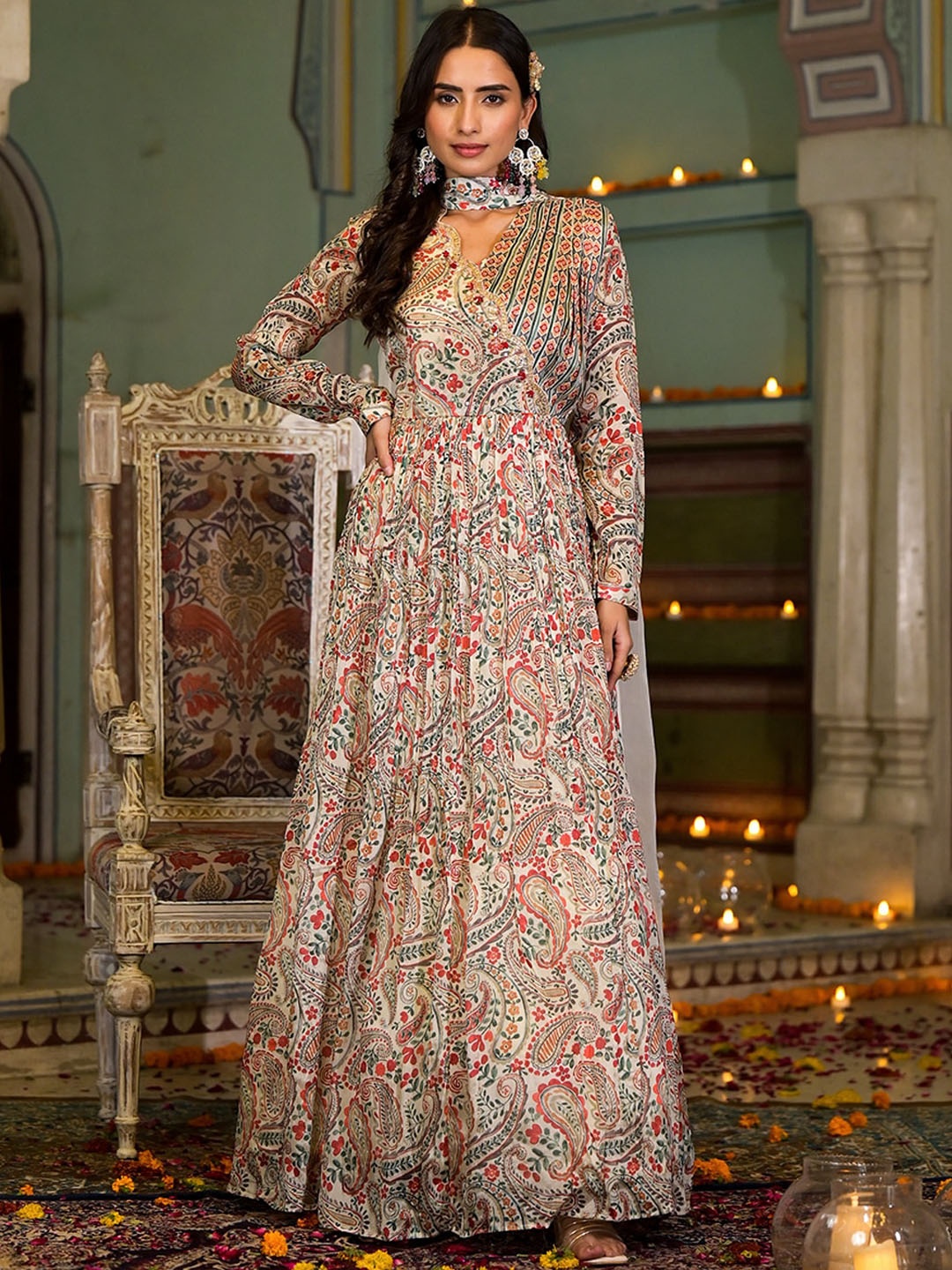 

Chandbaali Floral Printed V-Neck Fit & Flared Maxi Ethnic Dress With Dupatta, Beige