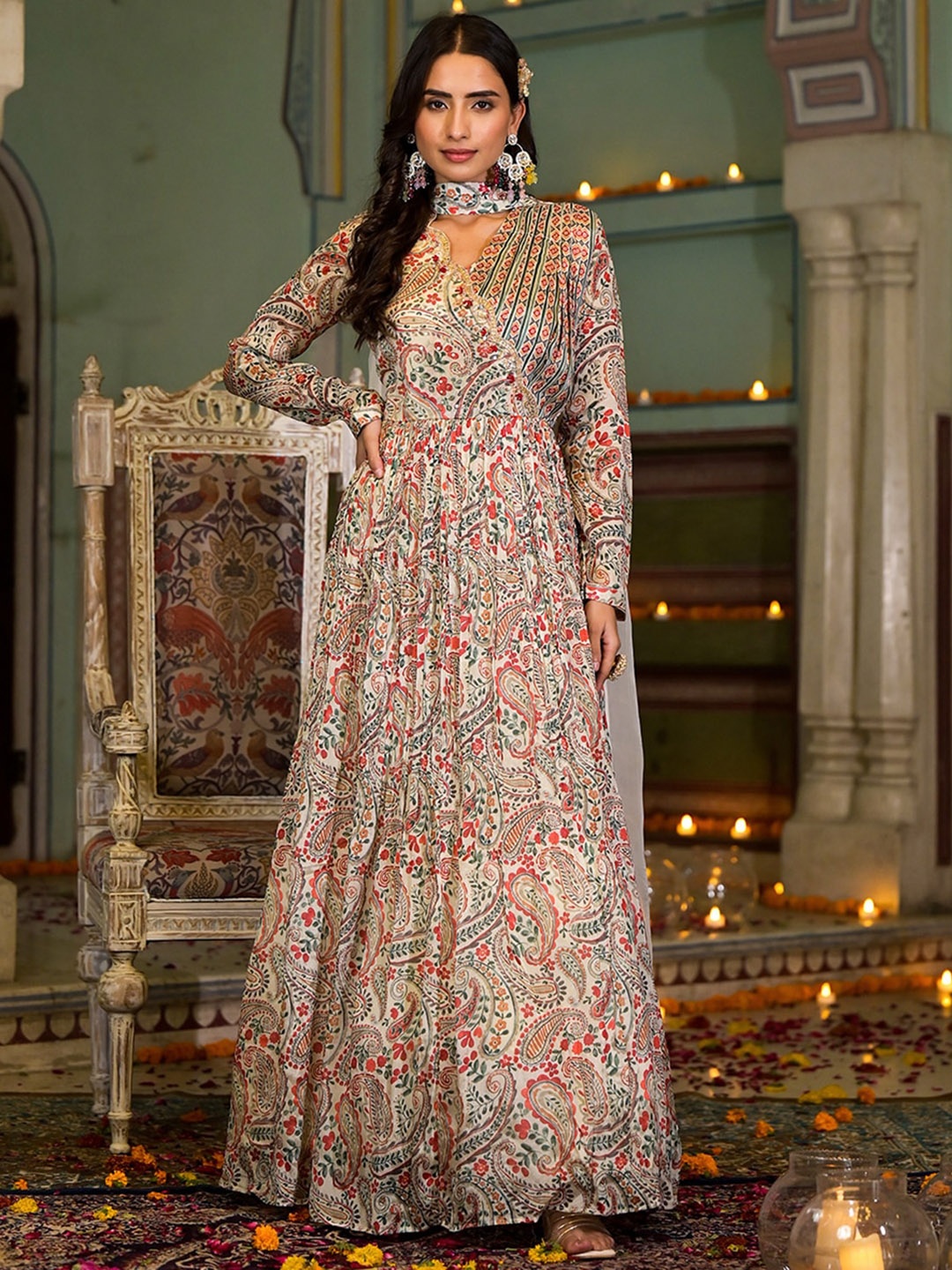 

Chandbaali Fit & Flared Maxi Dress With Duppata, Beige