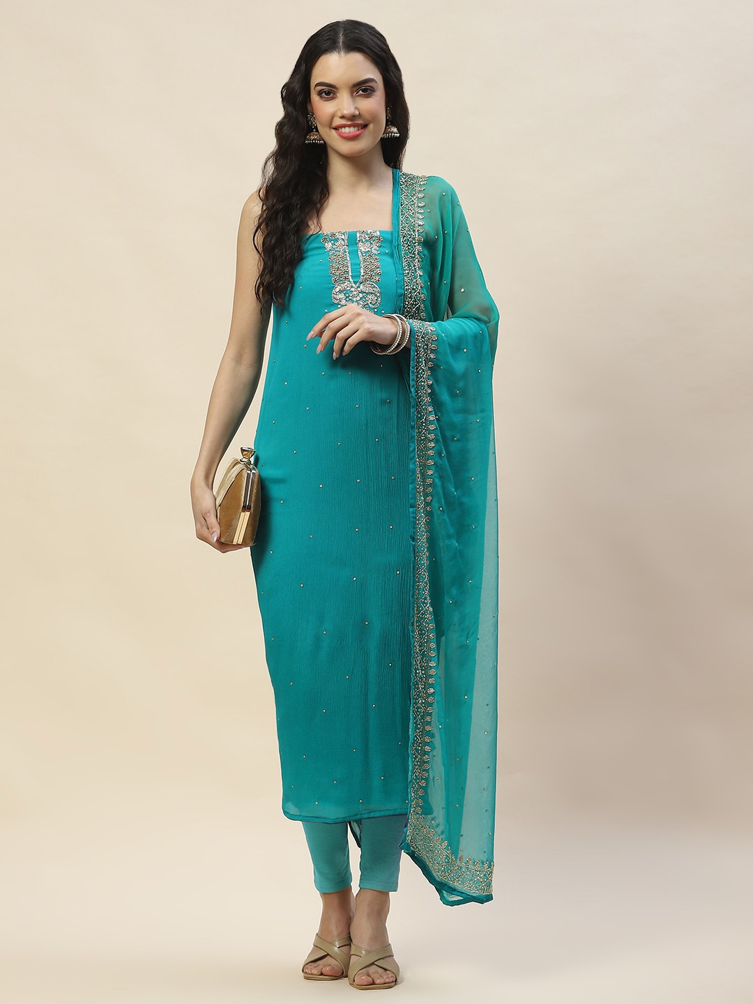 

Meena Bazaar Embroidered Art Silk Unstitched Dress Material, Sea green