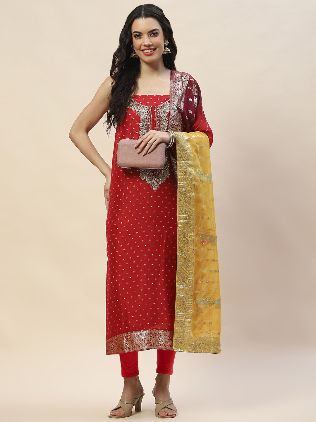 

Meena Bazaar Polka Dot Woven Design Organza Unstitched Dress Material, Red