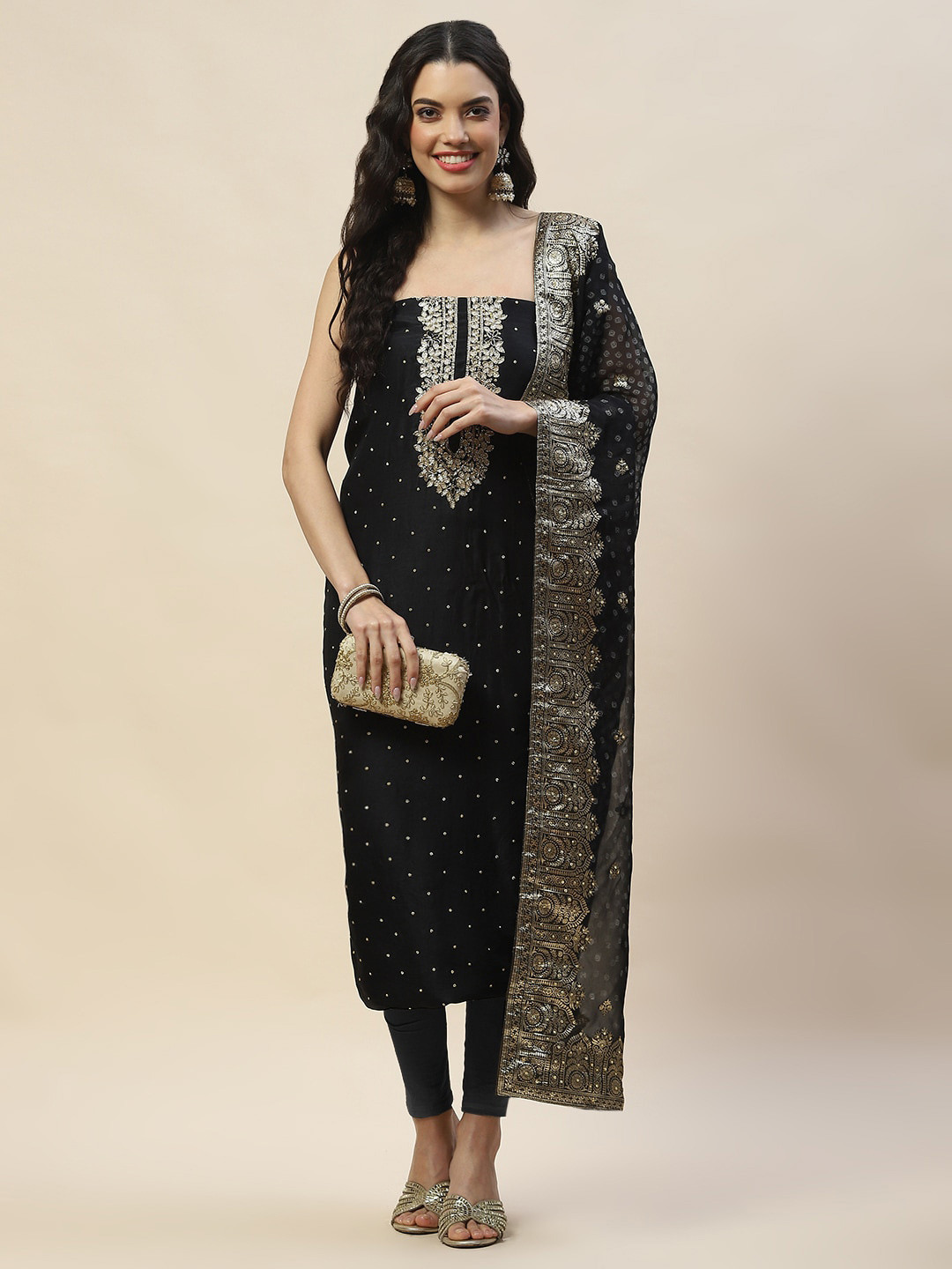 

Meena Bazaar Embroidered Art Silk Unstitched Dress Material, Black