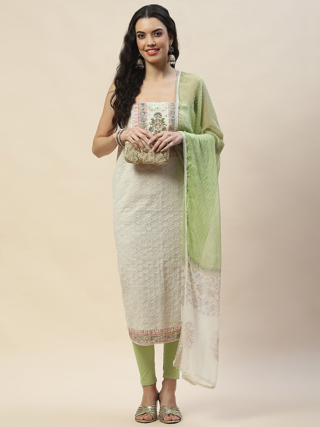 

Meena Bazaar Floral Embroidered Unstitched Dress Material, Cream