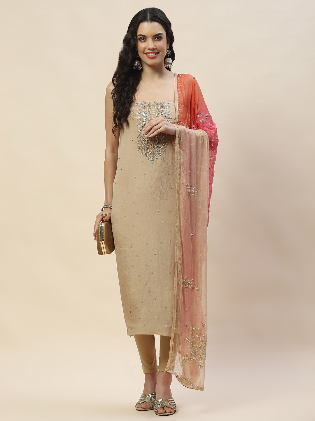 

Meena Bazaar Embroidered Art Silk Unstitched Dress Material, Beige