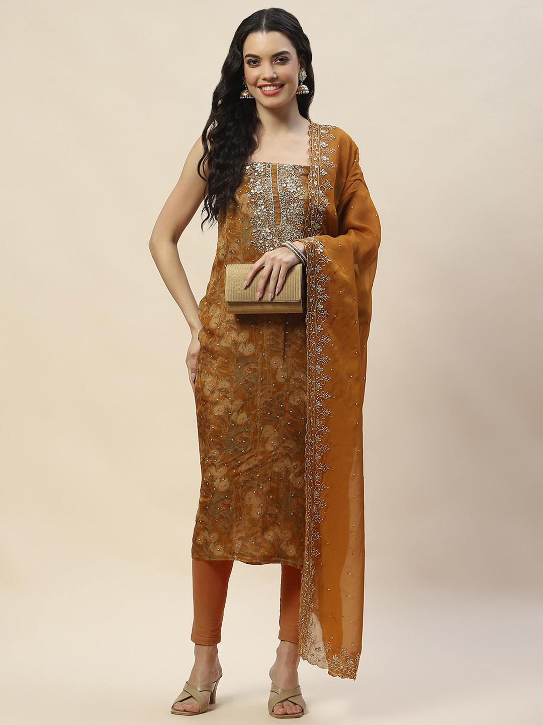 

Meena Bazaar Floral Printed Organza Unstitched Dress Material, Brown