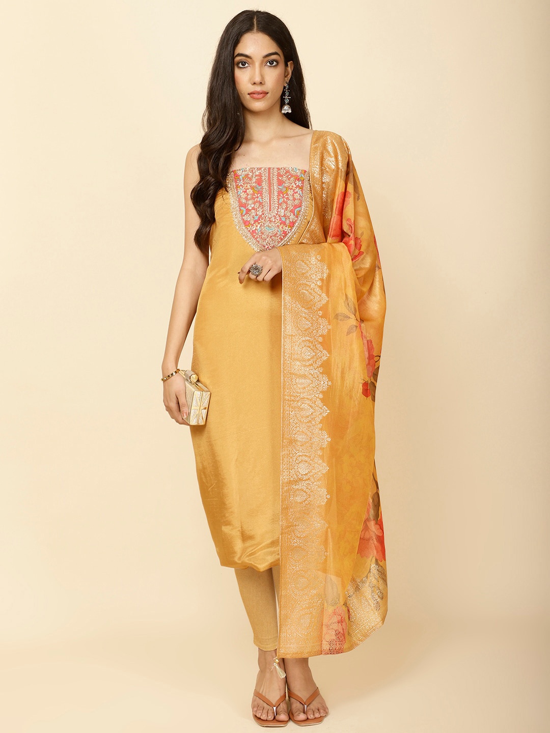 

Meena Bazaar Floral Embroidered Organza Unstitched Dress Material, Mustard