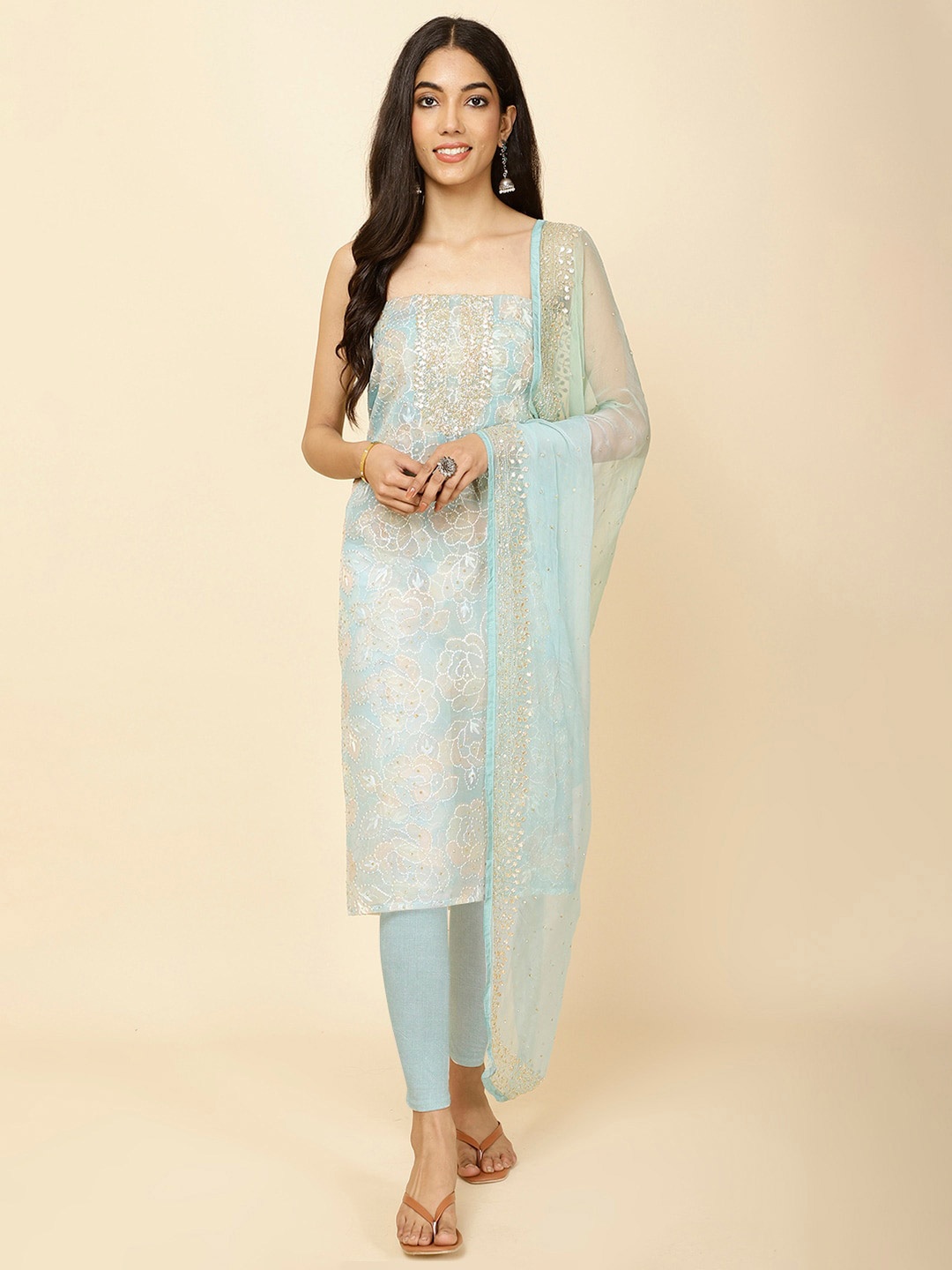 

Meena Bazaar Embroidered Organza Unstitched Dress Material, Sea green