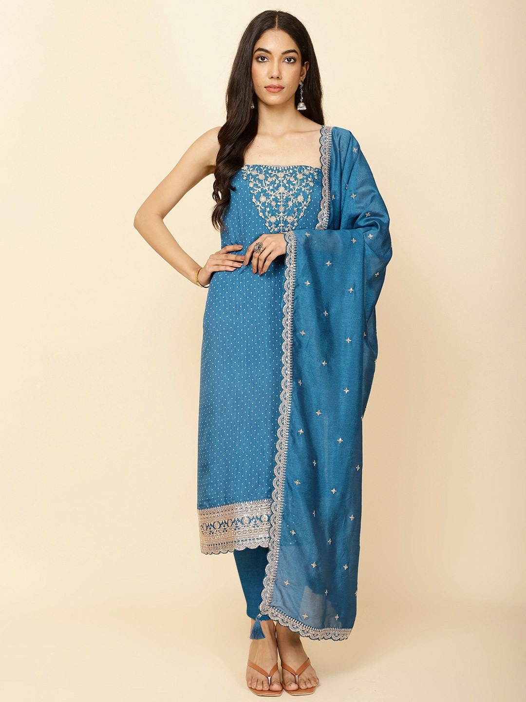 

Meena Bazaar Floral Printed Sequinned Unstitched Dress Material, Blue