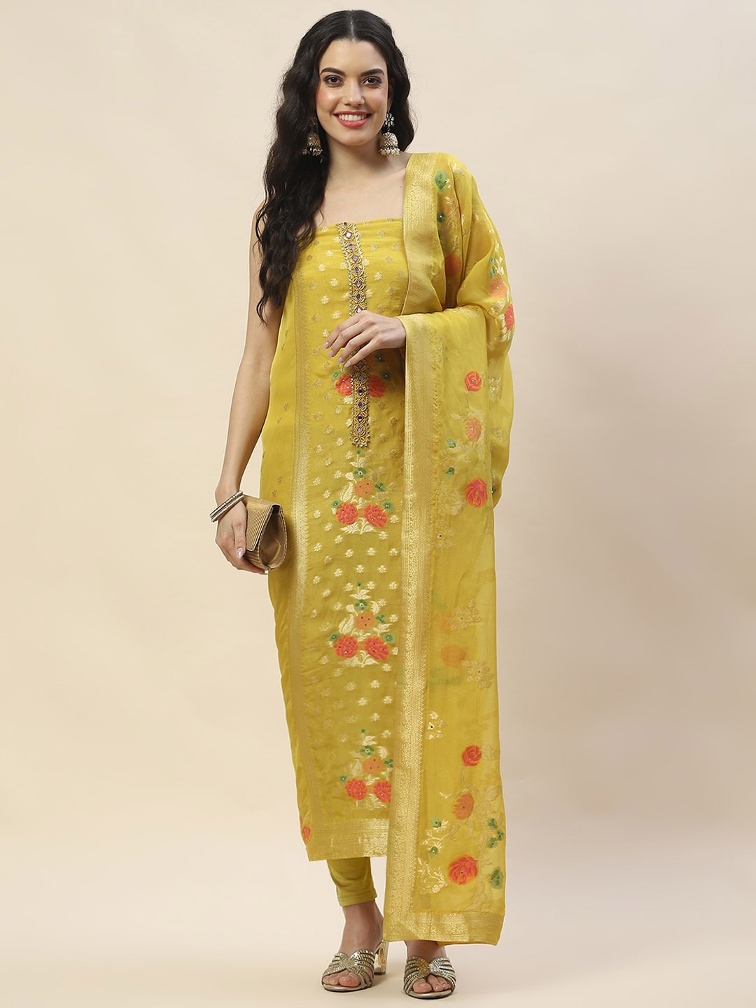 

Meena Bazaar Woven design Organza Unstitched Dress Material, Mustard