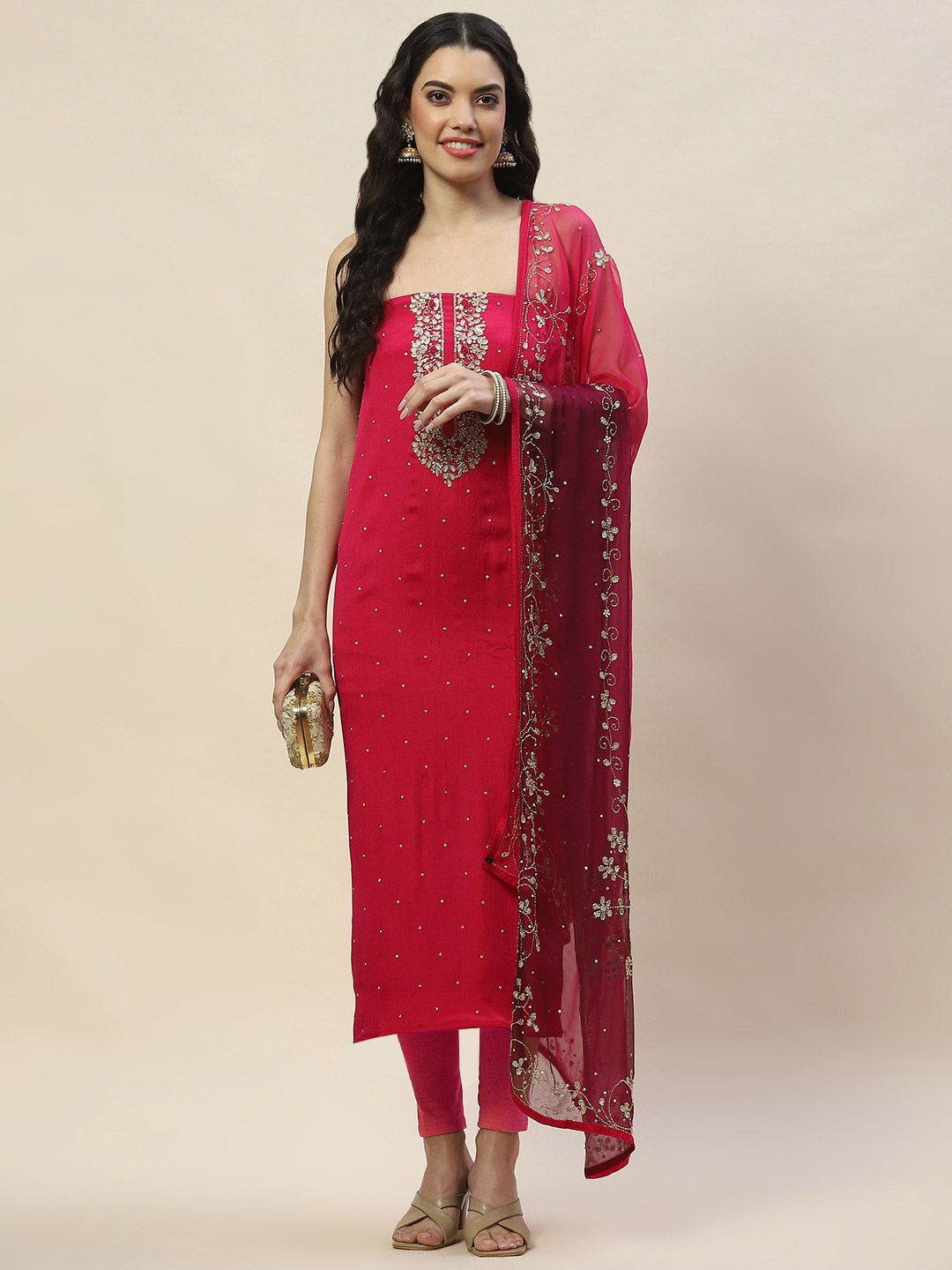 

Meena Bazaar Embroidered Art Silk Unstitched Dress Material, Pink