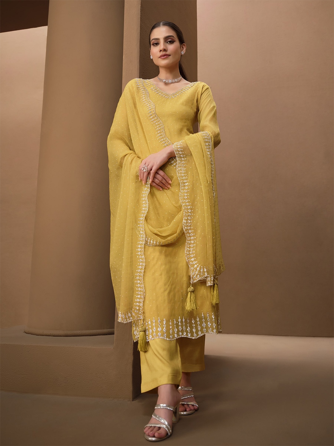 

Meena Bazaar Embellished Unstitched Dress Material, Yellow