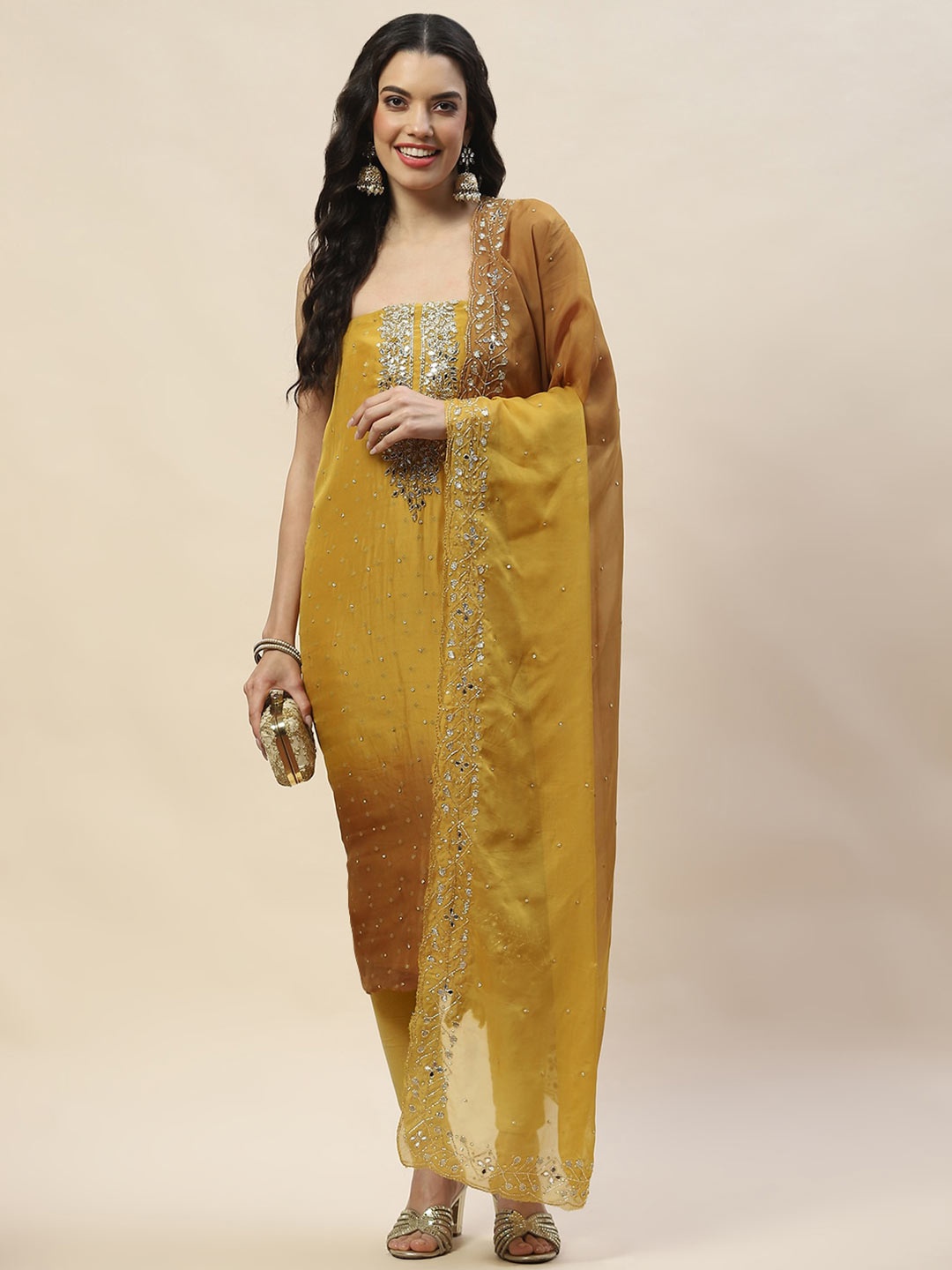 

Meena Bazaar Woven design Organza Unstitched Dress Material, Mustard